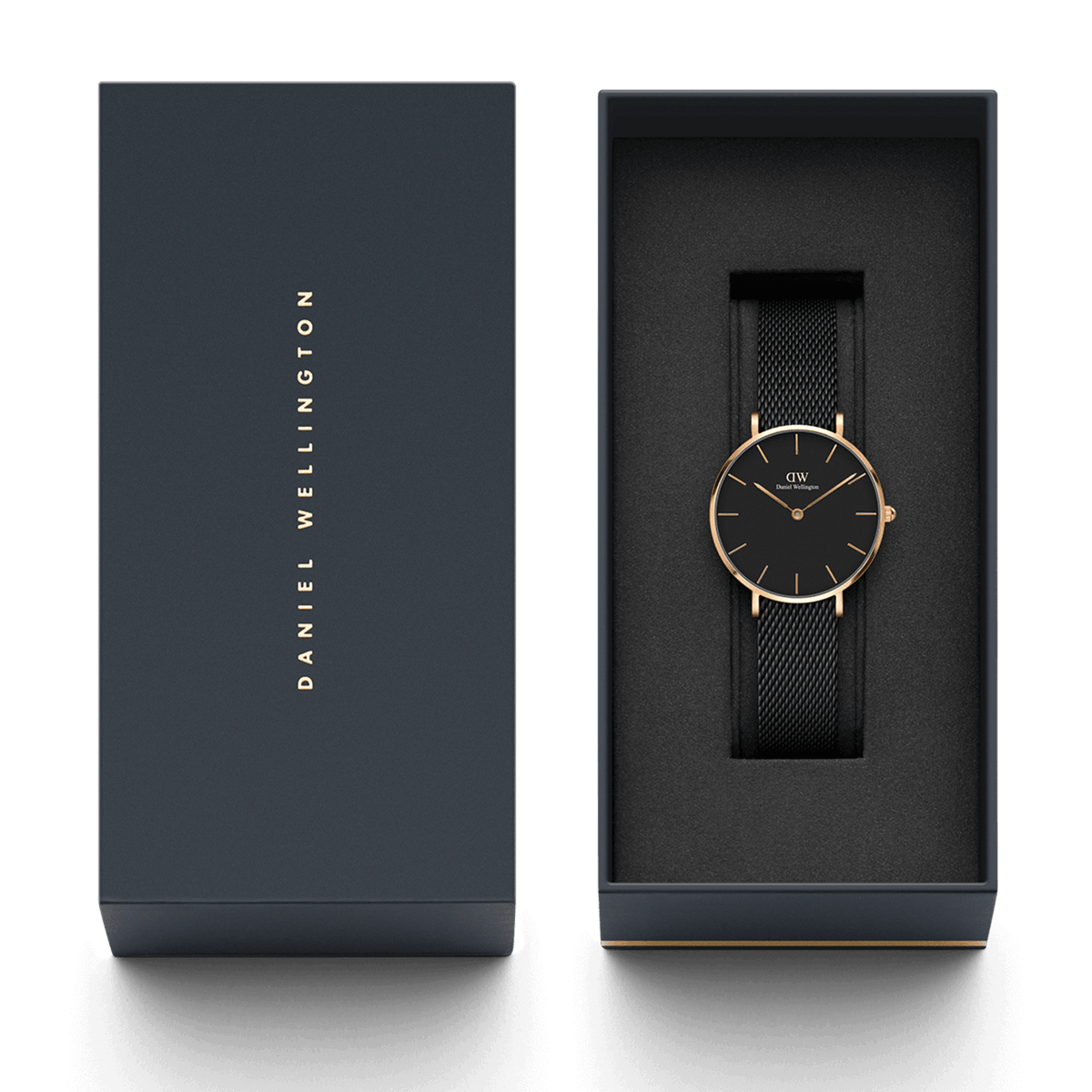 Petite Ashfield Rose Gold ladies watch with a black mesh strap and rose gold case, elegantly presented in a Daniel Wellington gift box.