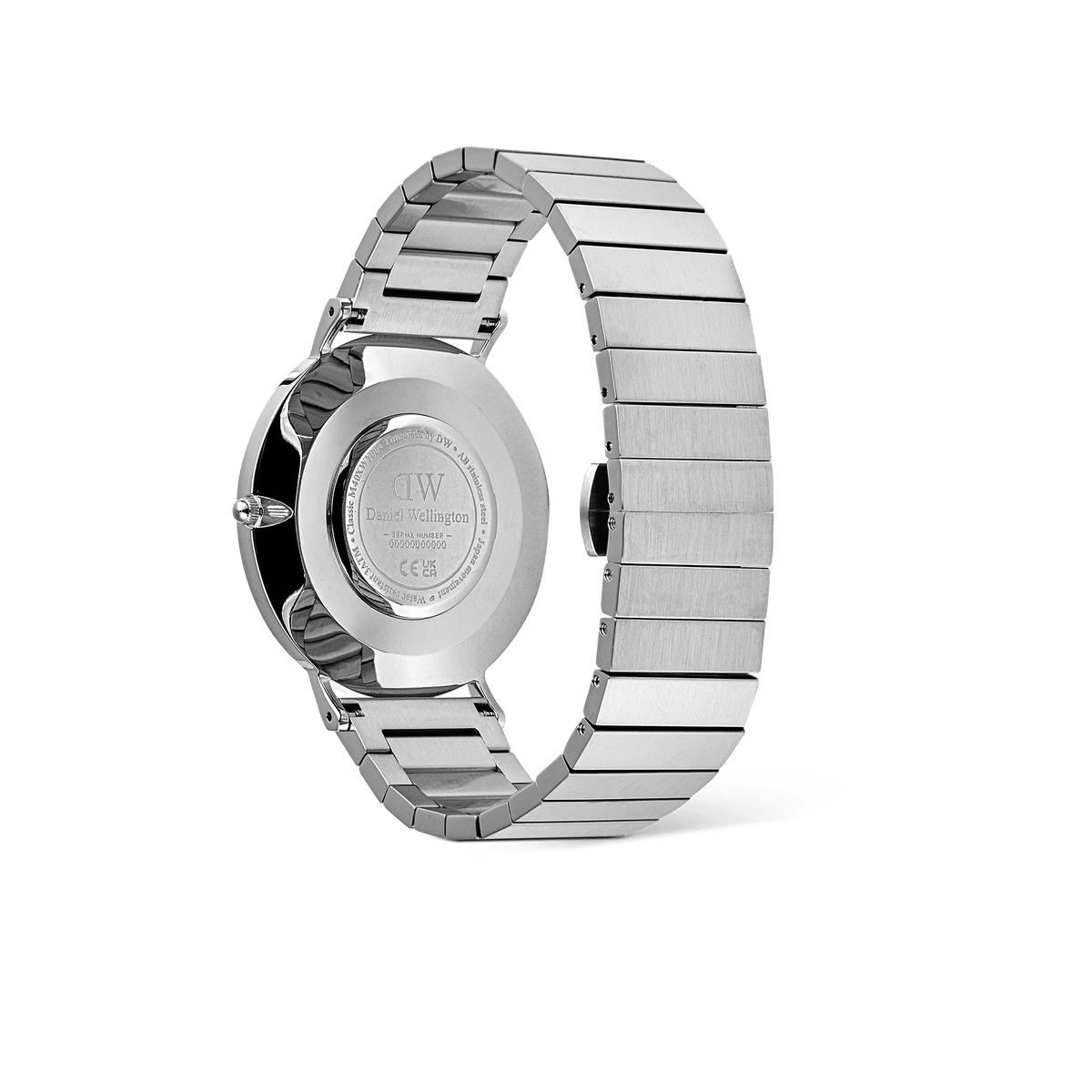 Classic Piano Link Onyx Silver men’s watch showing the stainless steel geometric piano link strap and engraved case back, highlighting the secure butterfly clasp and durable construction.