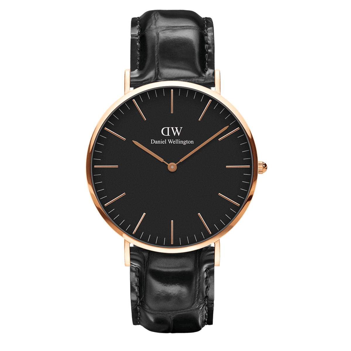 Classic Reading Black Rose Gold watch with a black croc-embossed leather strap, minimalist black dial, and slim rose gold case, blending modern elegance with timeless style.