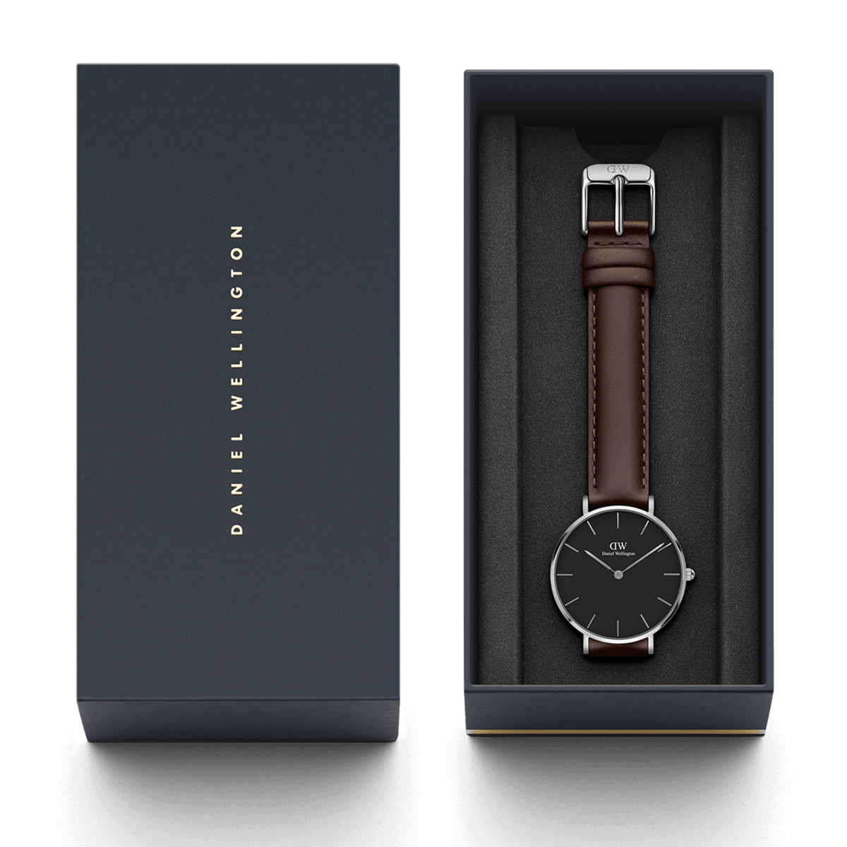 Petite Bristol Black Silver watch with a dark brown leather strap and minimalist black dial, elegantly presented in a Daniel Wellington branded gift box.