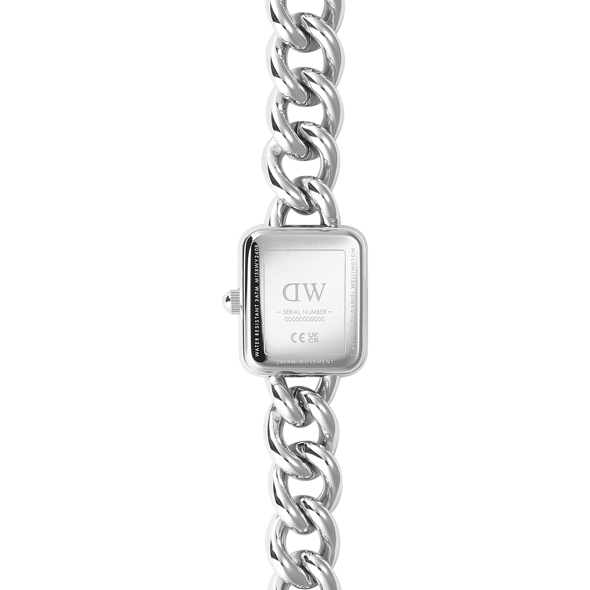 Detailed view of the back of the Jolie Chain Silver ladies watch, highlighting the engraved stainless steel case, chunky silver chain bracelet, and secure screw-down crown.