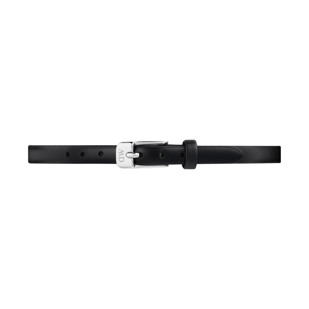Black leather Pressed Sheffield Strap Silver with a slim profile, neat stitching, and a polished silver buckle, designed for a 6mm fit and compatible with small Daniel Wellington watches.