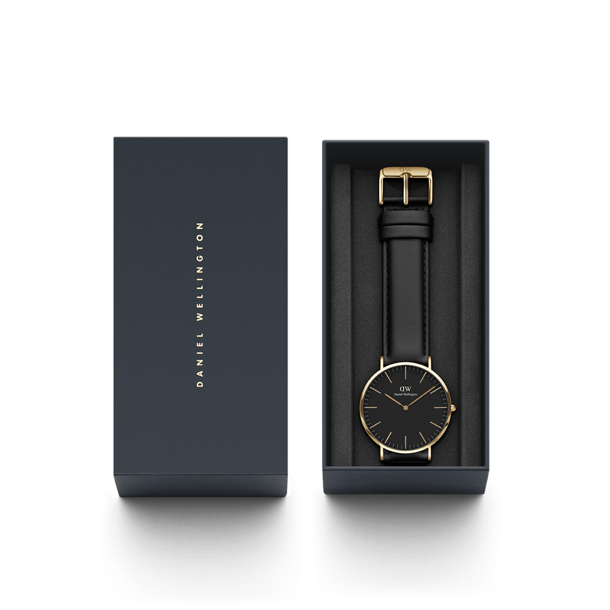 Classic Sheffield Gold watch with a black dial, gold-plated case, and black leather strap, elegantly presented in a Daniel Wellington gift box.