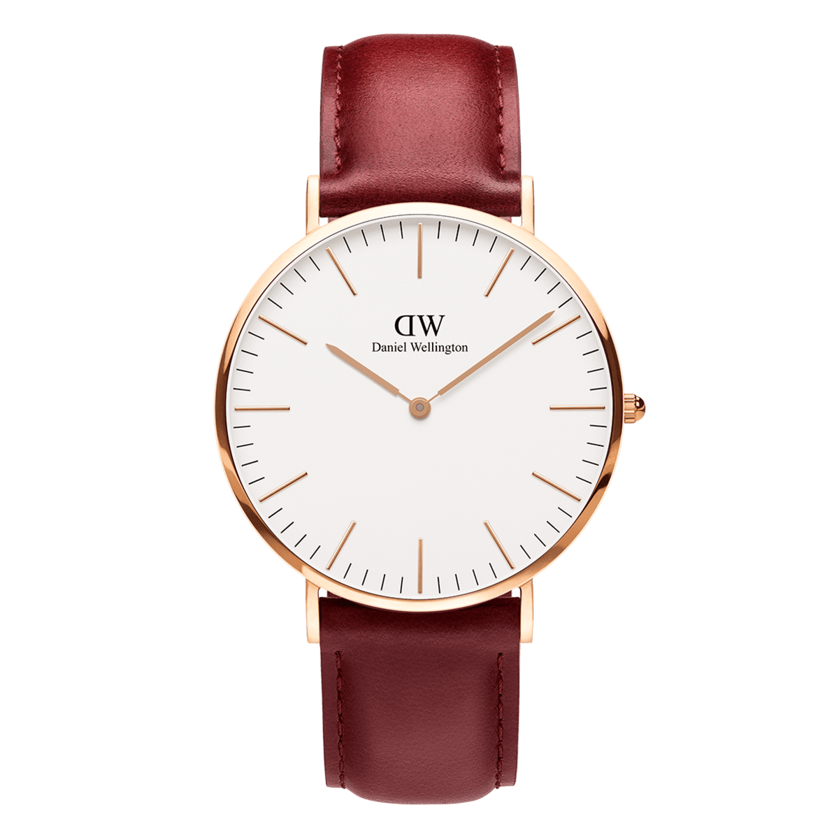 Classic Suffolk Rose Gold watch featuring a slim rose gold case, minimalist eggshell white dial, and rustic red genuine leather strap, designed for both men and women.