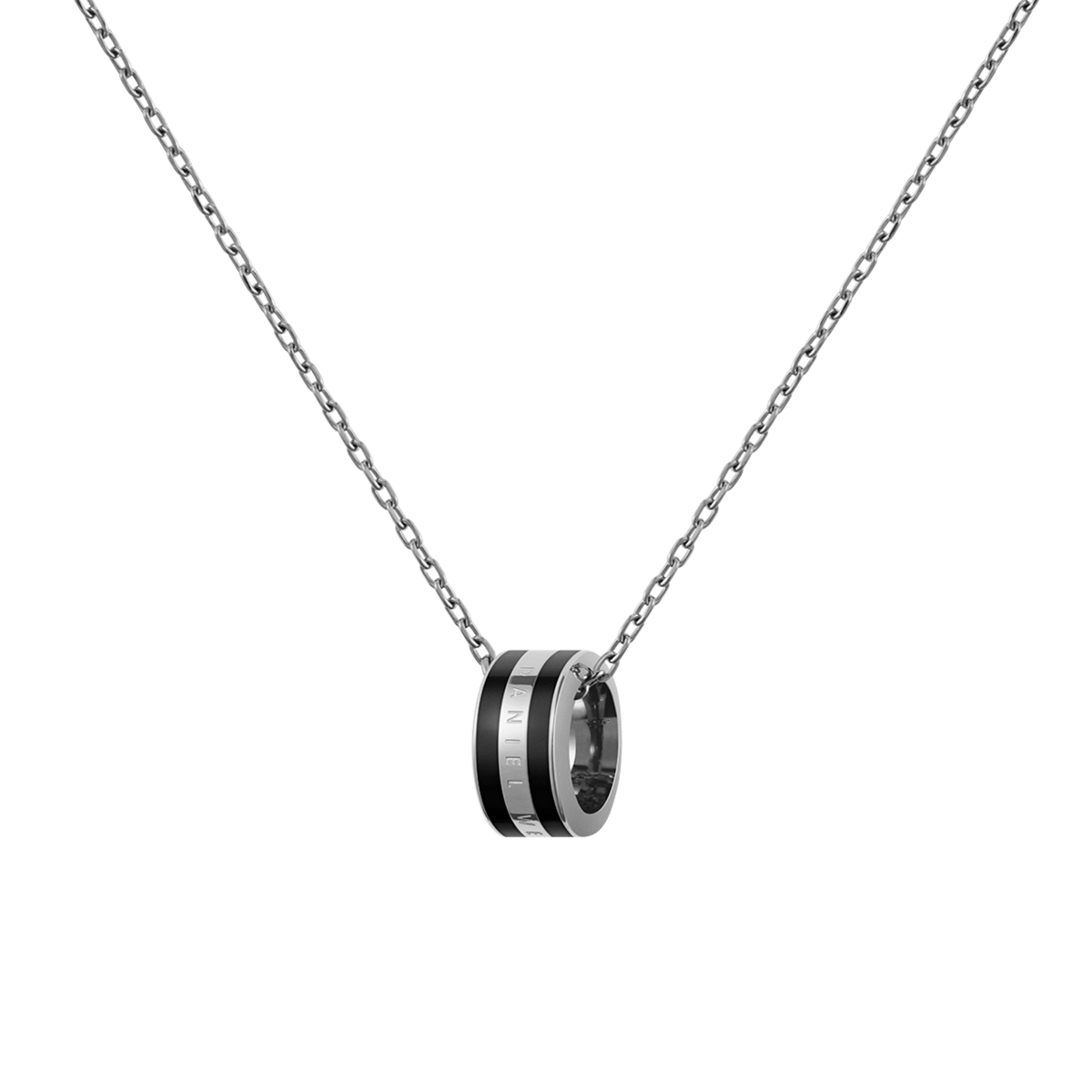 A minimalist silver chain necklace featuring a circular black enamel pendant with subtle branding, designed for a modern and elegant look.