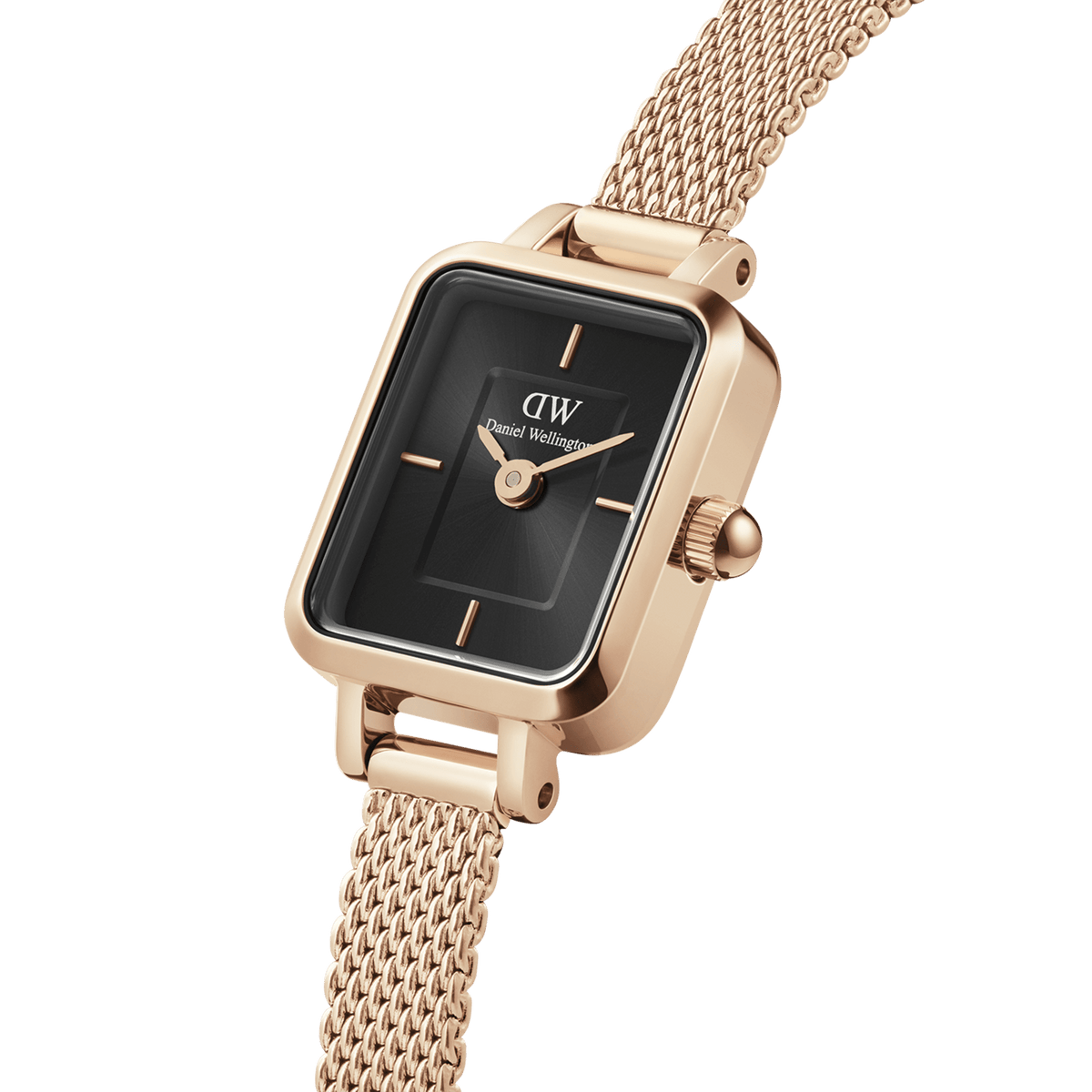 Quadro Mini Melrose Onyx ladies watch with a rectangular onyx black dial, rose gold case, and adjustable rose gold mesh strap, highlighting its refined minimalist design and durable stainless steel construction.