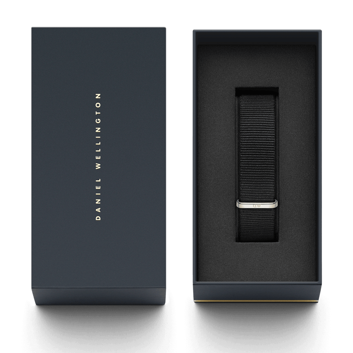 Cornwall Strap Gold presented in a sleek Daniel Wellington gift box, featuring a black NATO style watch strap with gold hardware, ideal for gifting or upgrading your watch collection.