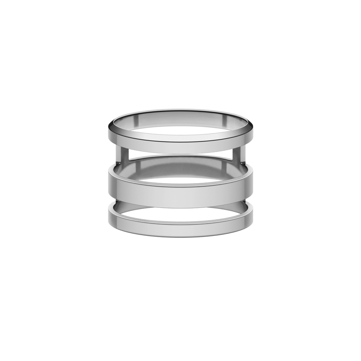 Elan Triad Ring Silver featuring three parallel bands in a polished stainless steel finish, with a minimalist open structure that highlights its contemporary style.