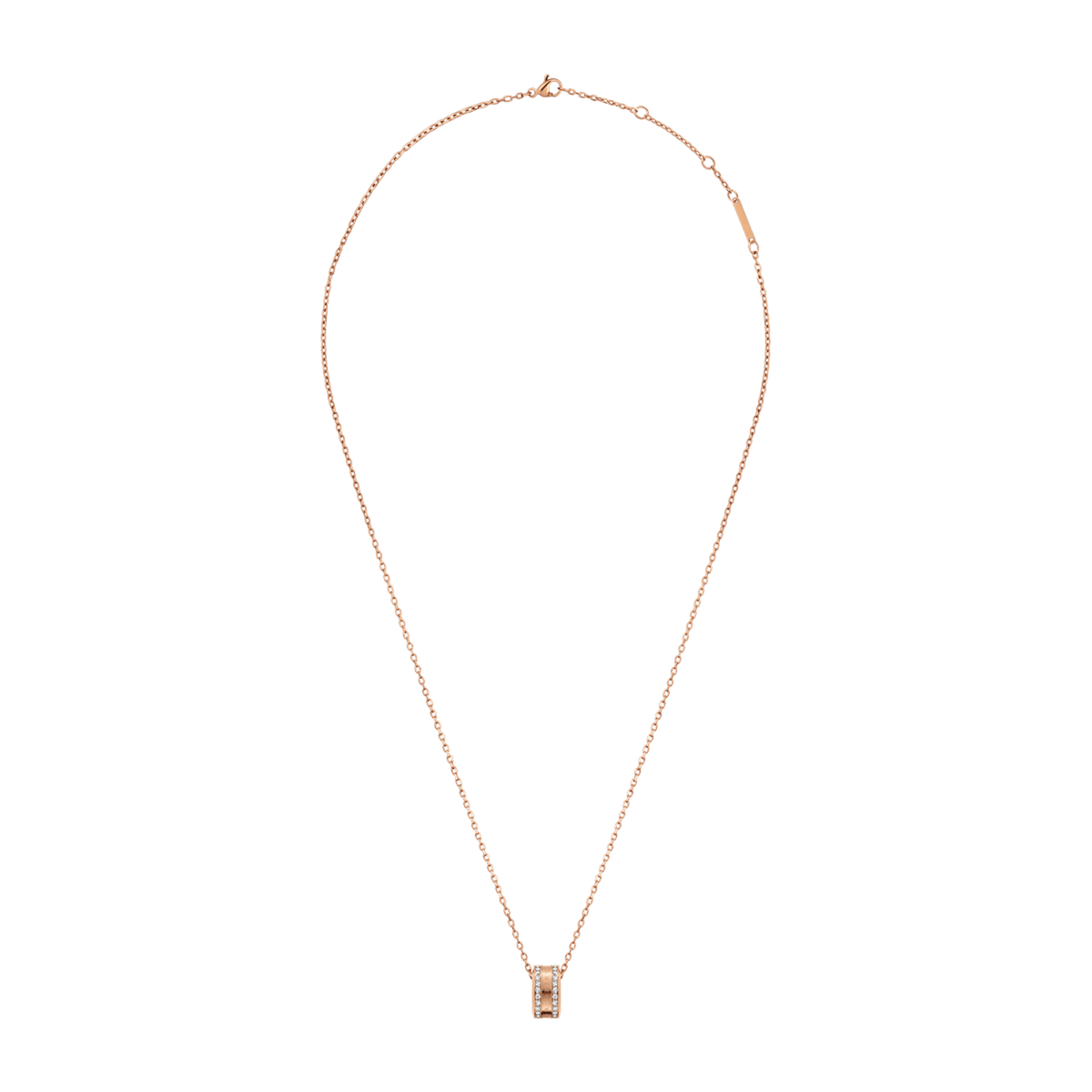 Elan Lumine Necklace Rose Gold featuring a fine adjustable rose gold chain and a round pendant set with sparkling crystals, offering a minimalist and elegant look.
