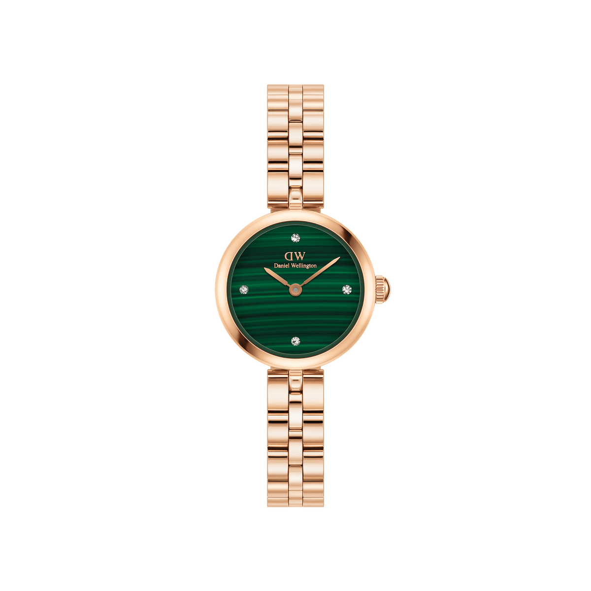 Elan Lumine Malachite Rose Gold ladies watch featuring a petite round case, rose gold three-link bracelet, and a unique green malachite dial with crystal markers, designed for elegant everyday wear.
