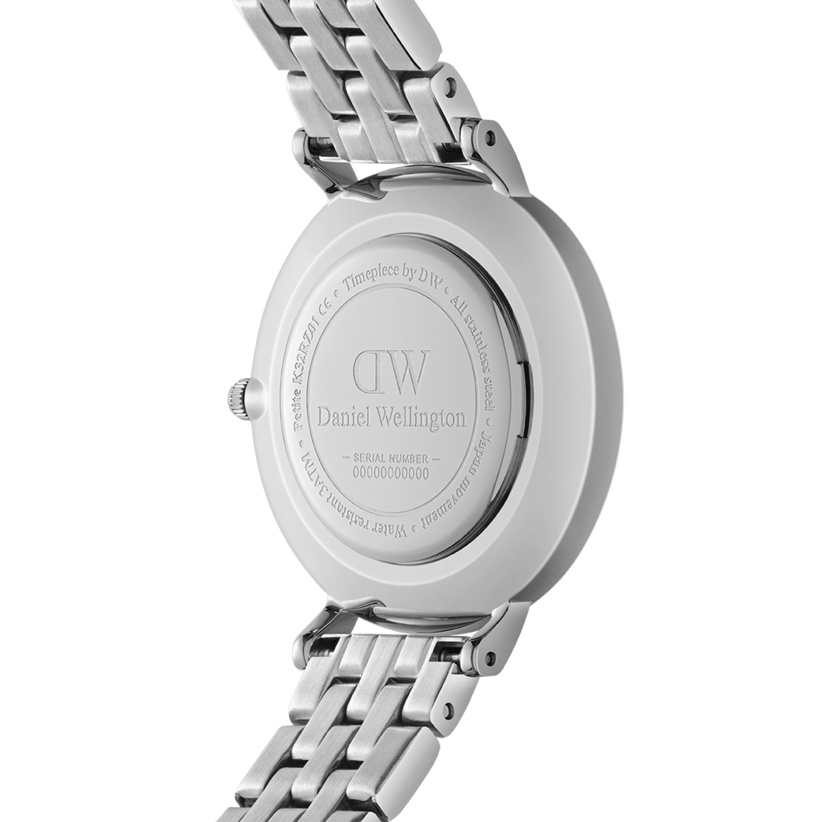 Close-up of the back of the Petite Lumine Bezel 5-Link Arctic S, showing the engraved stainless steel case and polished silver 5-link bracelet.