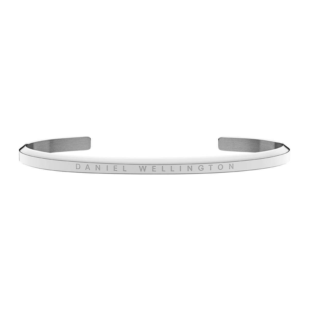 Minimalist Classic Bracelet Silver by Daniel Wellington, featuring a slim open cuff design in polished stainless steel with engraved branding, suitable for both men and women.