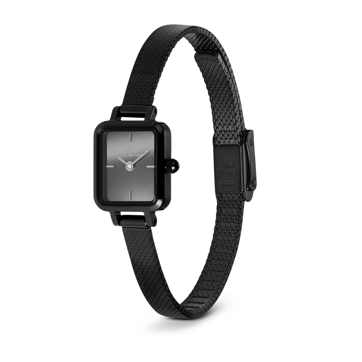 Quadro Mini Reflection Black watch featuring a petite rectangular case, mirror-effect black dial, and a slim polished mesh strap, crafted from stainless steel for a modern minimalist style.