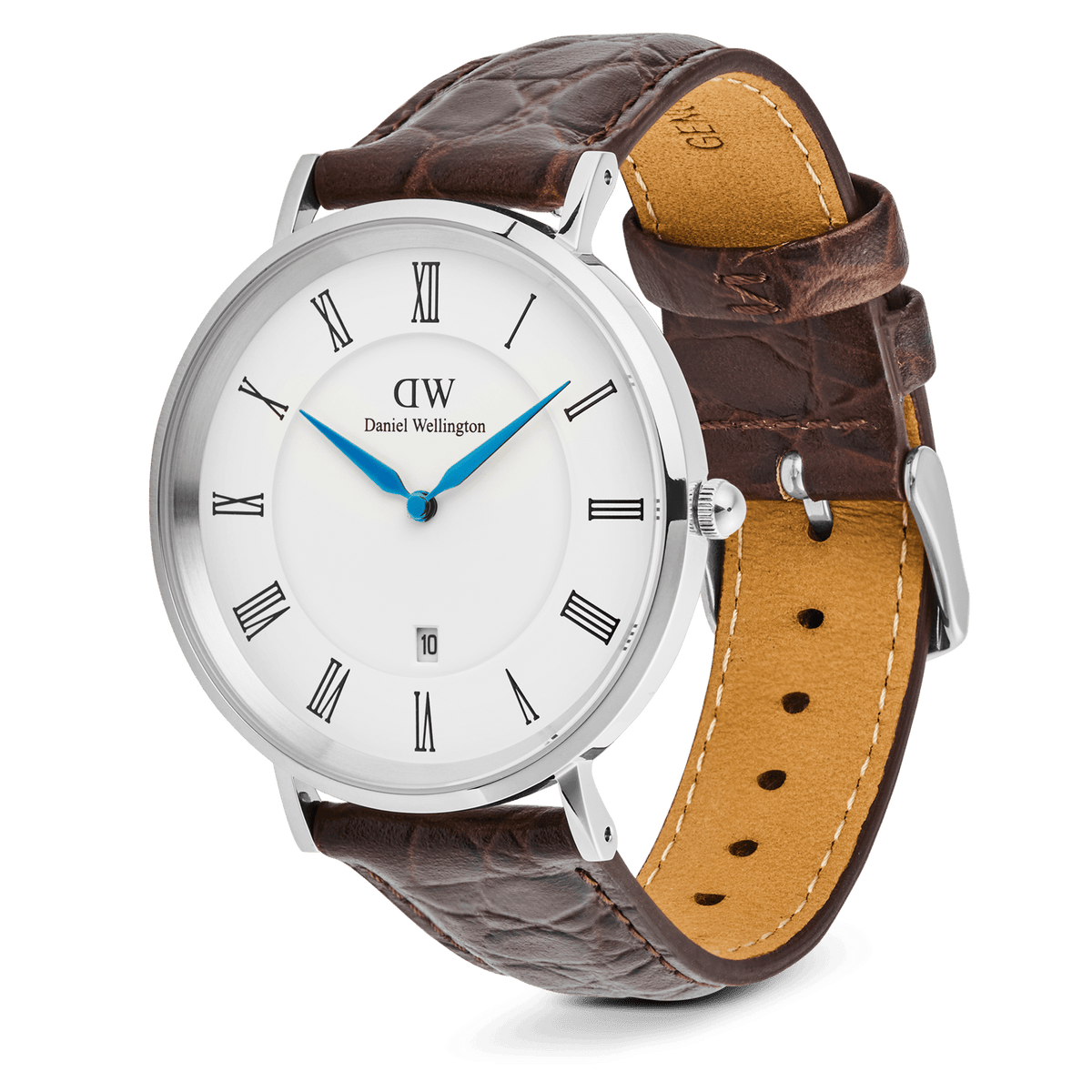 Classic Roman Numerals Date Dark Brown Croc Belly Silver watch featuring a 40mm stainless steel case, white dial with black Roman numerals, blue hands, date display, and a dark brown crocodile-embossed genuine leather strap with a pin buckle closure.