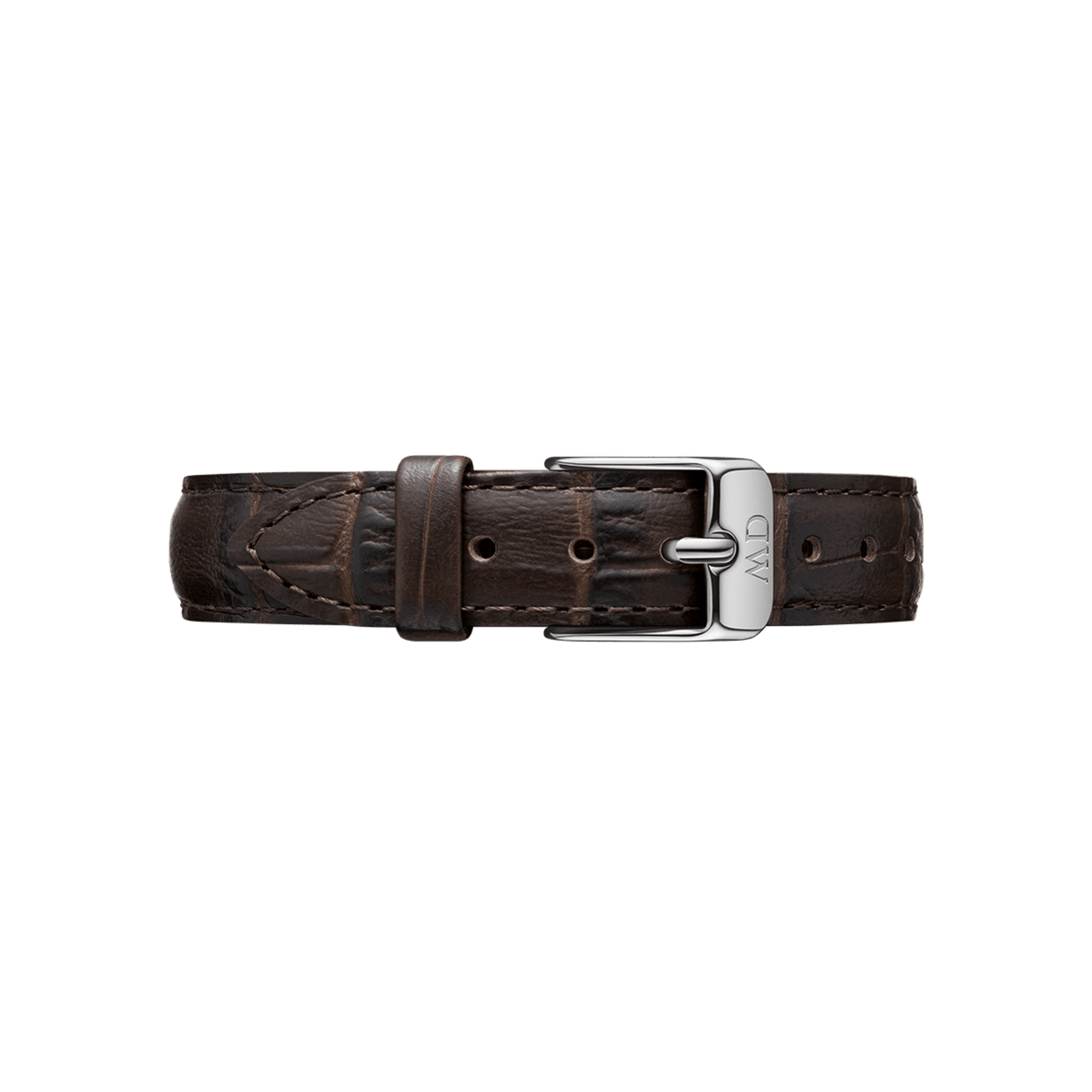 York Strap Silver featuring deep brown, crocodile-embossed genuine leather with detailed stitching and a polished silver buckle, shown in a flat lay to highlight its refined texture and adjustable design.