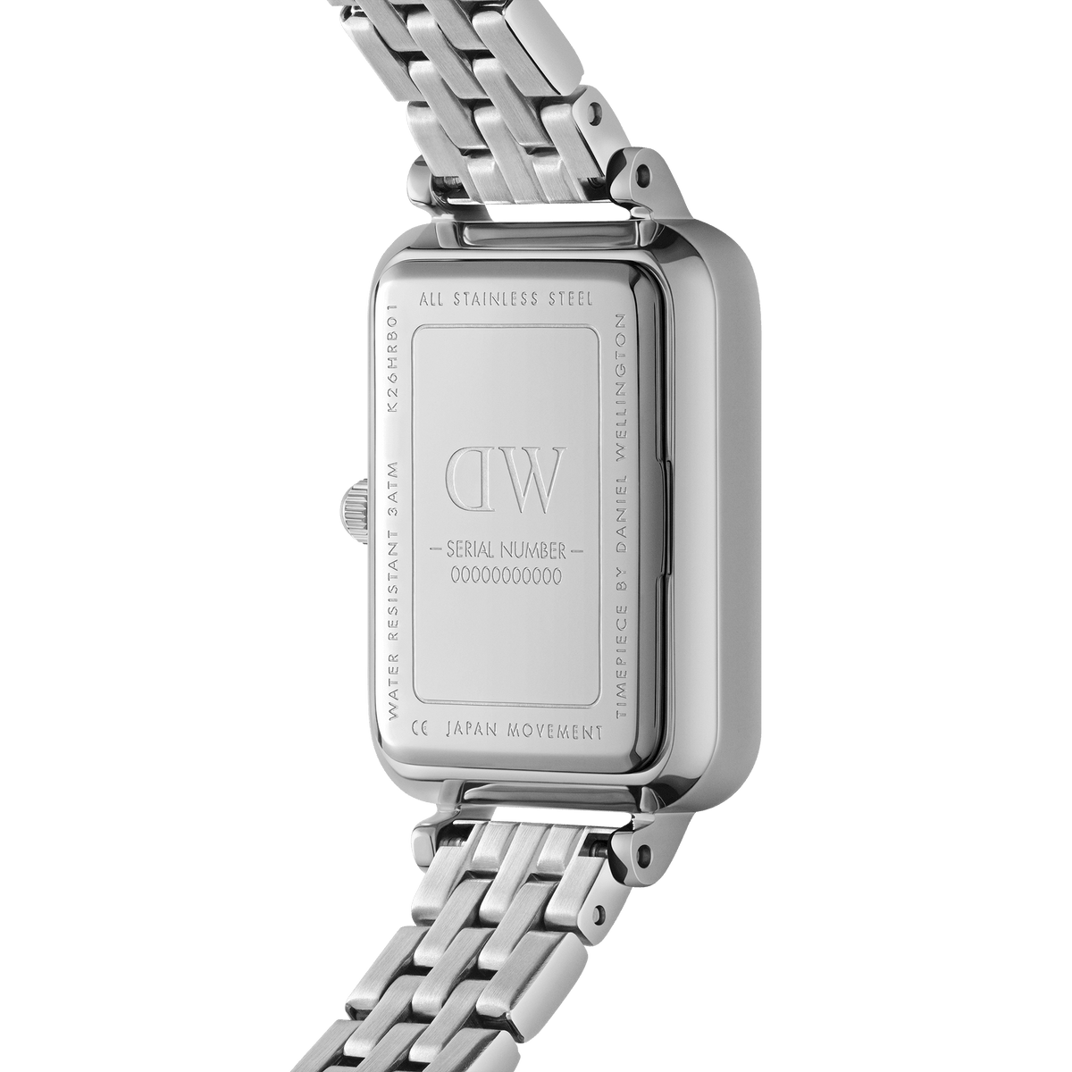 Back view of the Quadro Roman Numerals 5-Link Silver watch, showing the engraved stainless steel case, five-link silver strap, and details of its Japanese quartz movement and water resistance.