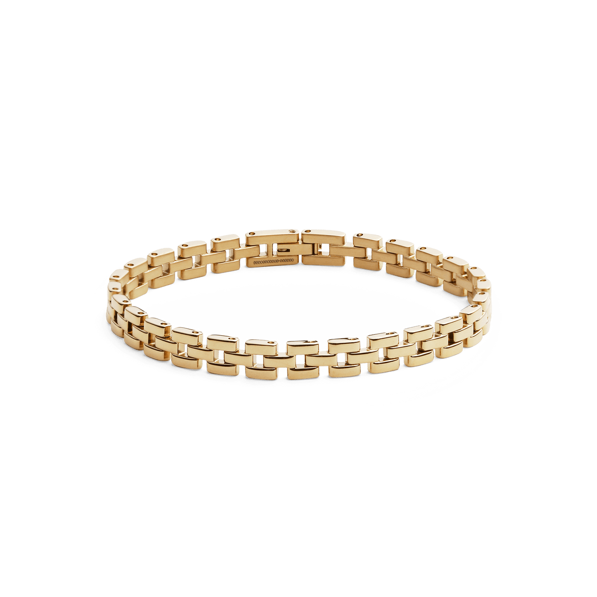 Gold 3-link bracelet with a geometric design, featuring polished rectangular links and a fold-over clasp, crafted from stainless steel with a smooth PVD gold finish.