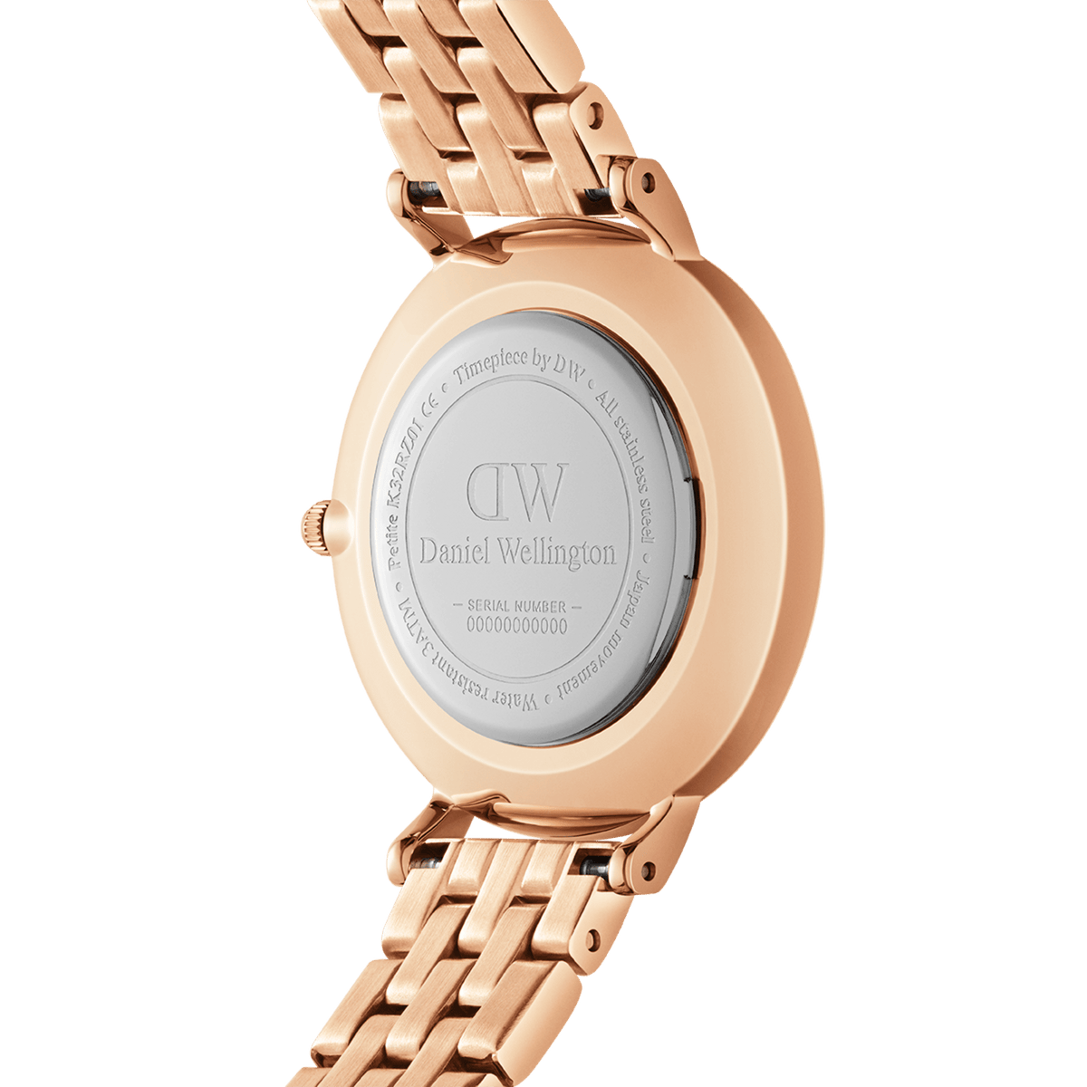 Rear view of the Petite Lumine Bezel 5-Link Melrose watch showing the engraved stainless steel case back and rose gold 5-link bracelet, highlighting its quality craftsmanship and durable design for women.