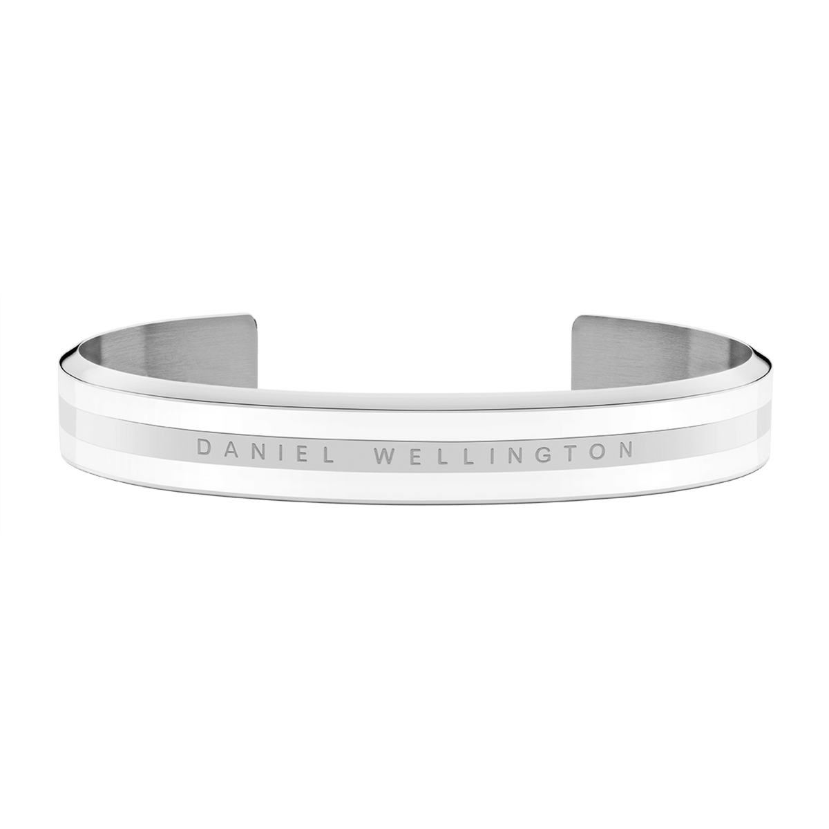Emalie Bracelet Silver showcases a sleek open cuff style with polished silver and satin white enamel detailing, featuring the Daniel Wellington branding engraved across the front.