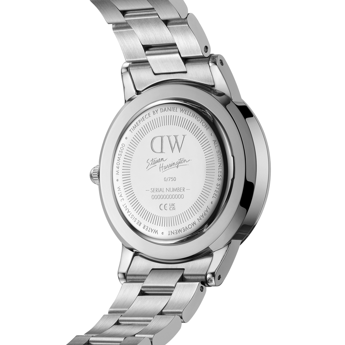 Back view of the Steven Harrington x Daniel Wellington Iconic Link Multicolor watch, showing the engraved limited edition details, stainless steel bracelet, and serial number on the polished case.