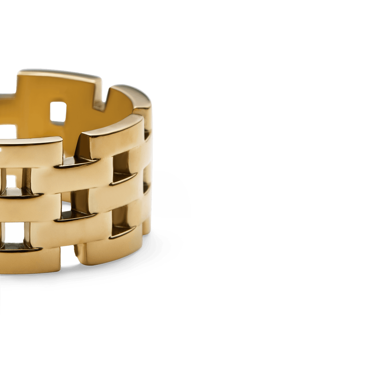 Close-up of the 5-Link Ring Gold, highlighting its chunky architectural link design, polished gold finish, and geometric open links.