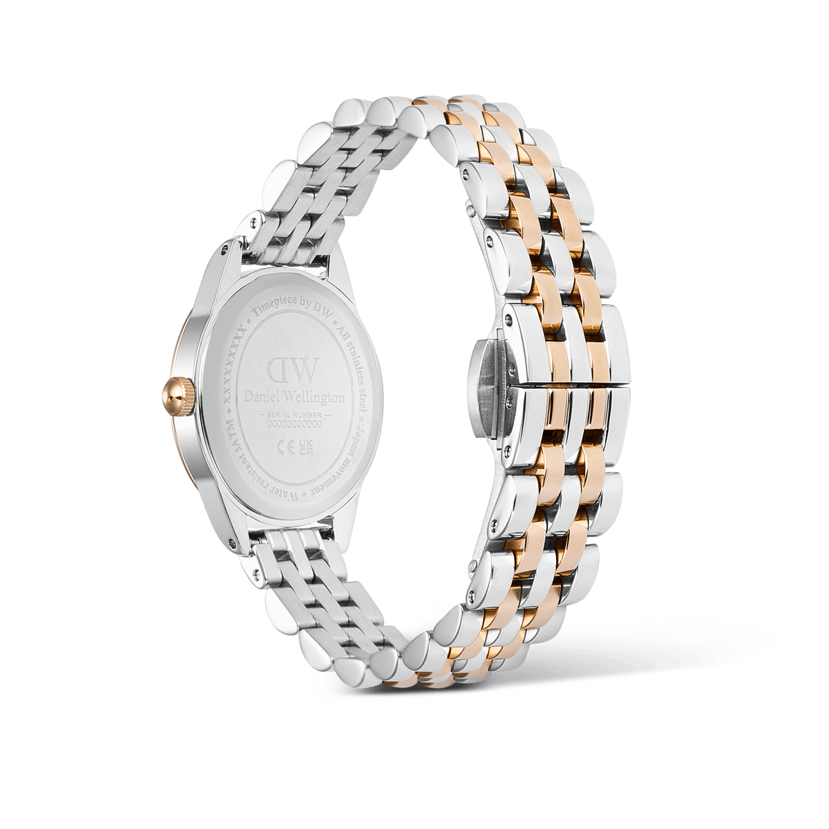 Rear view of the Daniel Wellington Ophelia Mini Two Tone Rose Gold watch, showing the engraved stainless steel case back and the adjustable five-link bracelet in polished rose gold and silver.