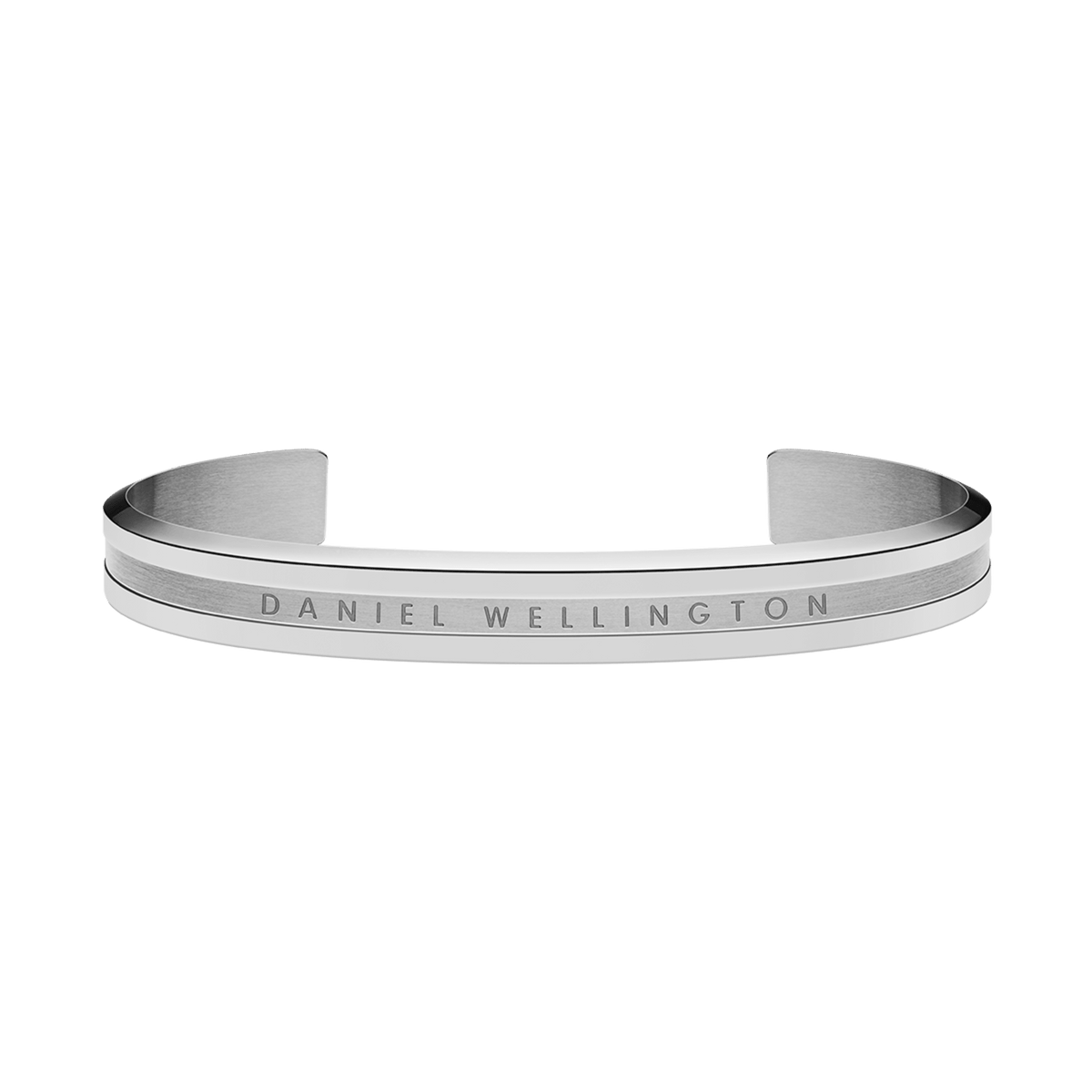 Classic Elan Bracelet Silver in stainless steel with a brushed and polished finish, featuring a subtle Daniel Wellington logo engraved on the front and a slim, open cuff design.