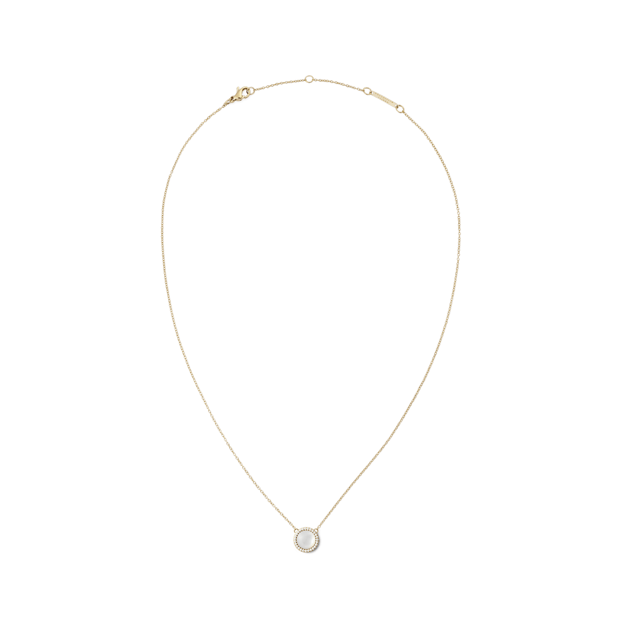 Gold necklace with a fine adjustable chain featuring a round mother of pearl pendant, surrounded by a halo of white cubic zirconia crystals.