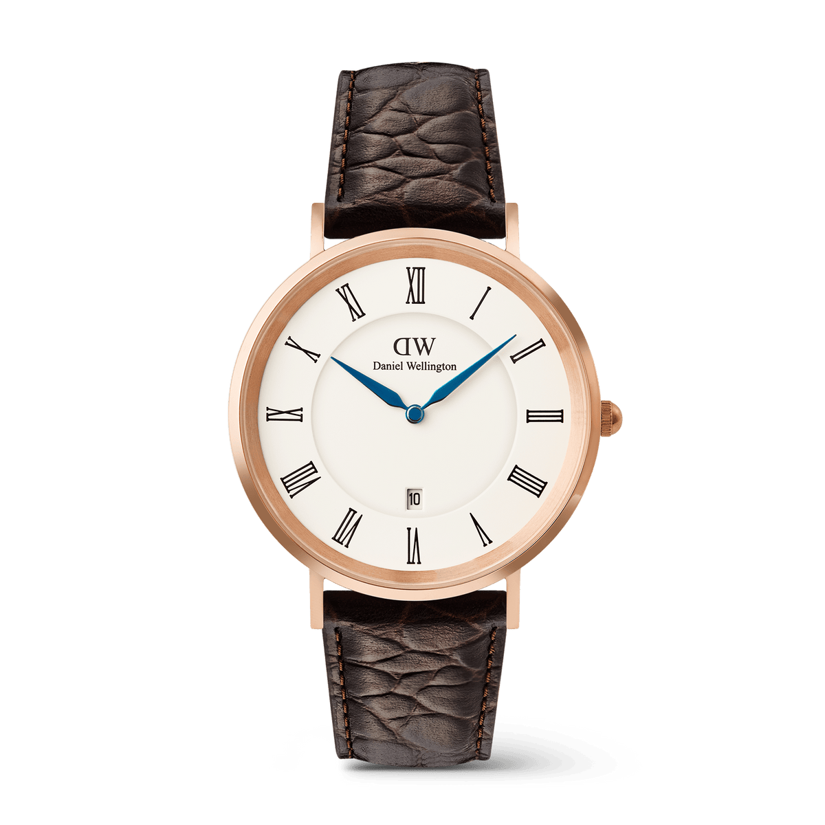 Classic Roman Numerals Date Dark Brown Croc Belly Rose Gold men’s watch featuring a white dial with Roman numerals, blue hands, rose gold case, and a dark brown croc-embossed leather strap.