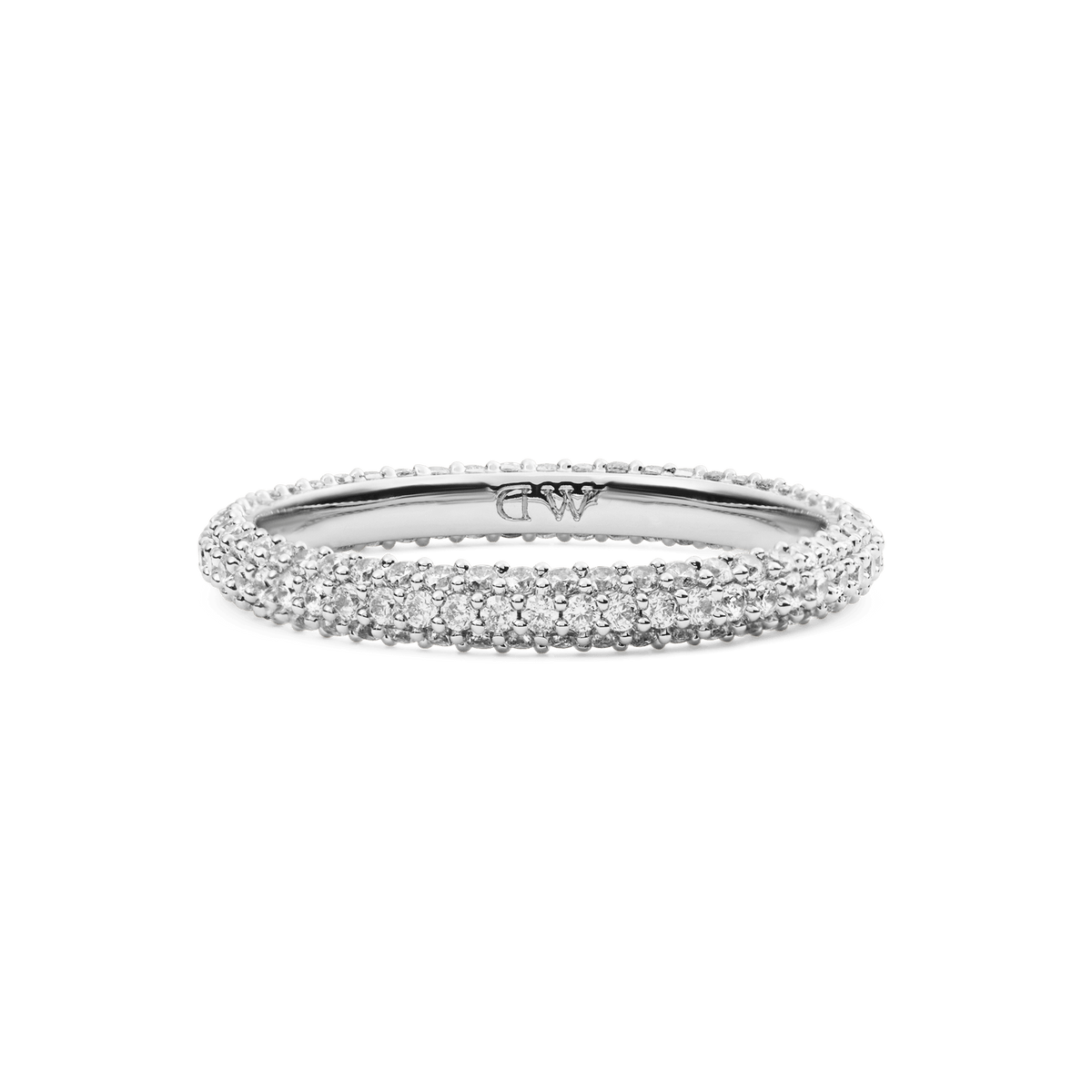 Pavé Ring Silver 3 mm crafted from rhodium plated brass, featuring a slim band with three rows of sparkling white cubic zirconia crystals in a pavé setting for a modern, elegant look.