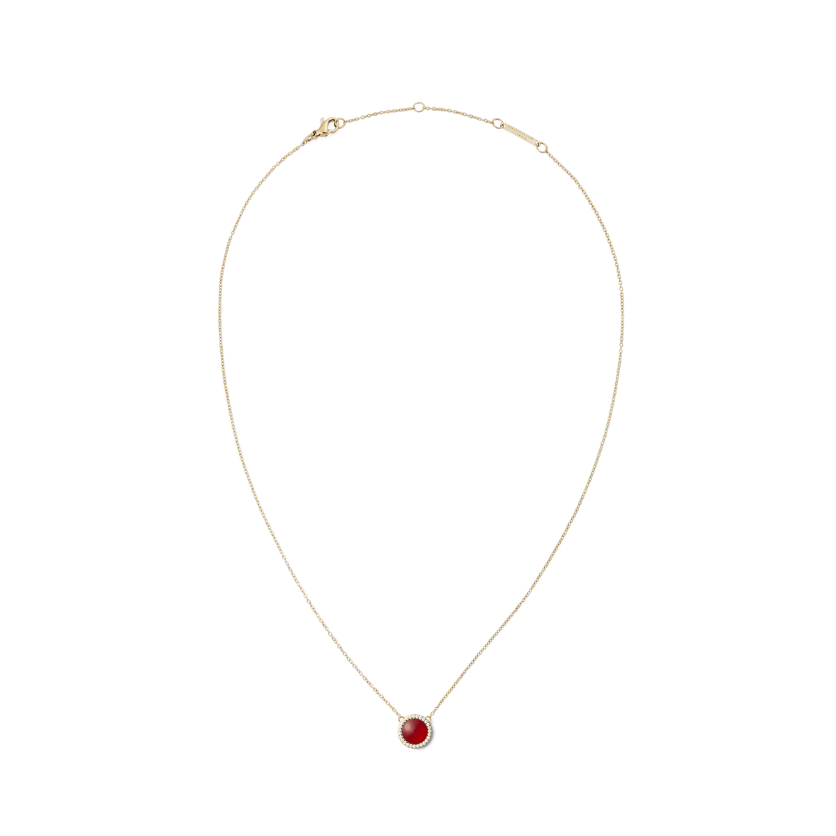Gold necklace with a fine adjustable chain, featuring a domed red agate pendant surrounded by a halo of white cubic zirconia crystals. The elegant design highlights the vibrant red stone and polished gold finish.