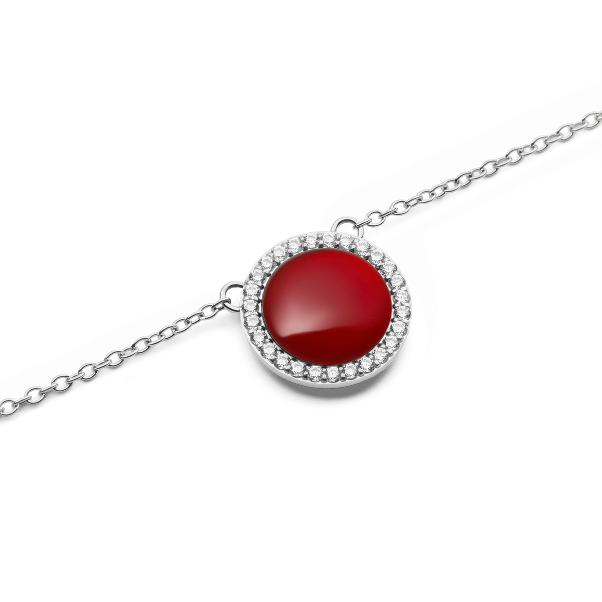 Close-up of the Audrey Necklace Red Agathe Silver, showcasing a vivid red agate stone encircled by sparkling white cubic zirconia crystals on a fine silver chain.