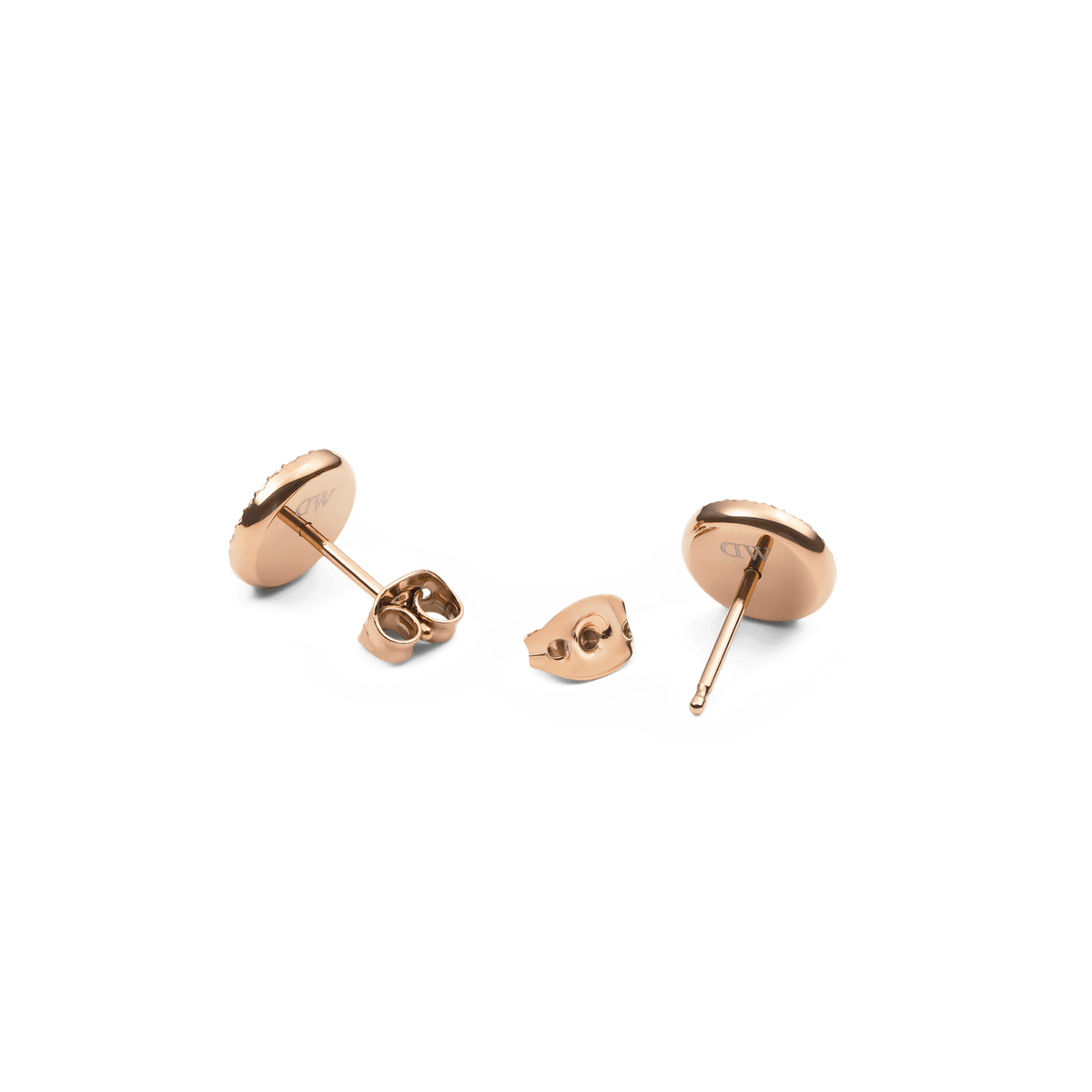 The backs of the Audrey Earrings Tiger Eye Rose Gold show the polished rose gold finish and secure butterfly clasps, highlighting the quality craftsmanship and comfortable stud design.