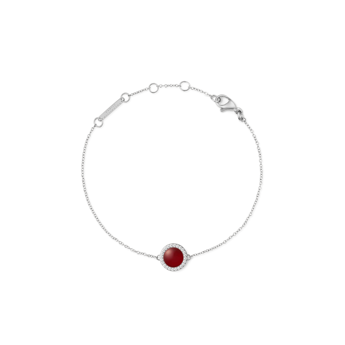 Delicate silver bracelet featuring a domed red agate centrepiece surrounded by a halo of white cubic zirconia crystals, with an adjustable chain and lobster clasp.