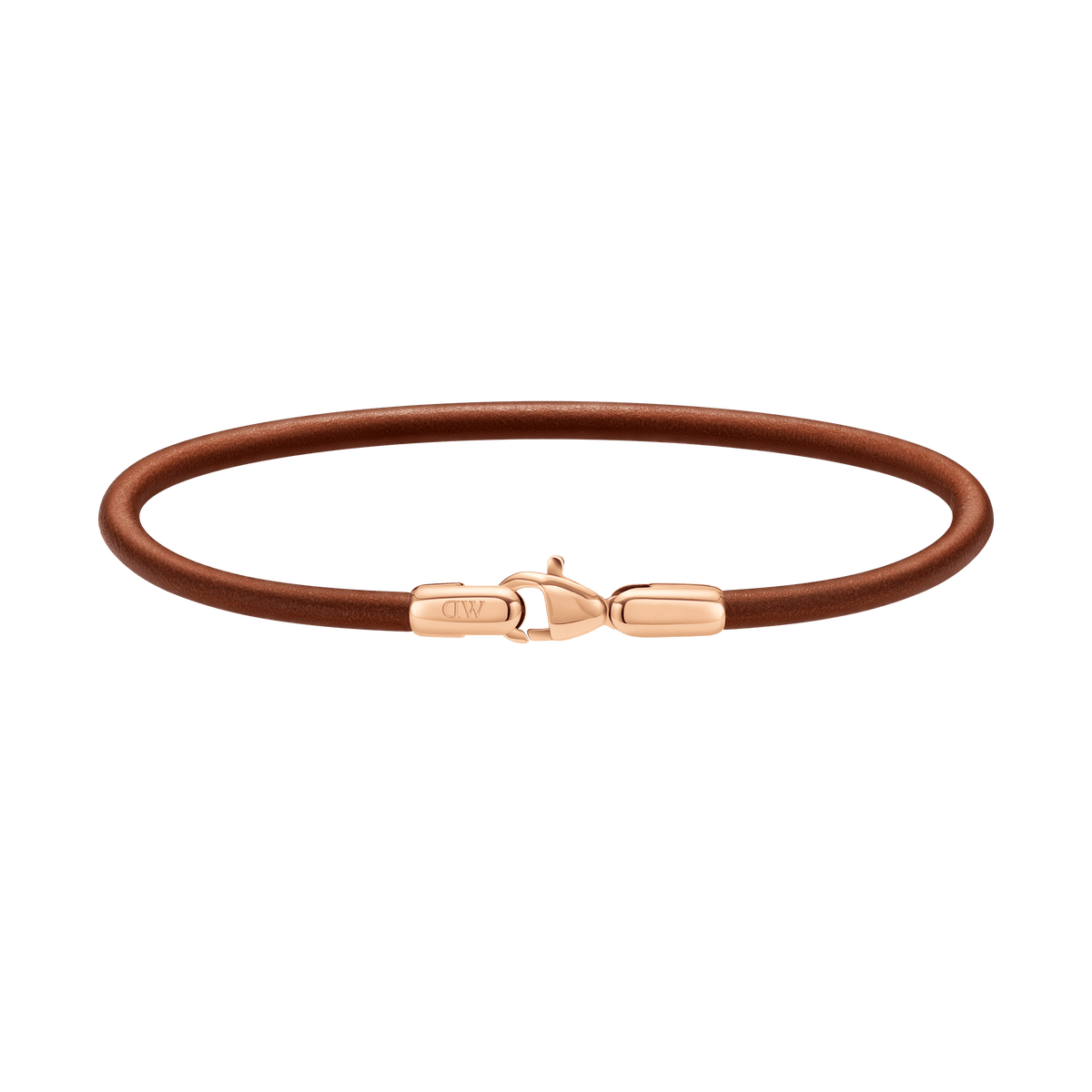 St Mawes Bracelet Rose Gold featuring a slim brown leather band and a rose gold-plated stainless steel lobster clasp, shown against a plain background.