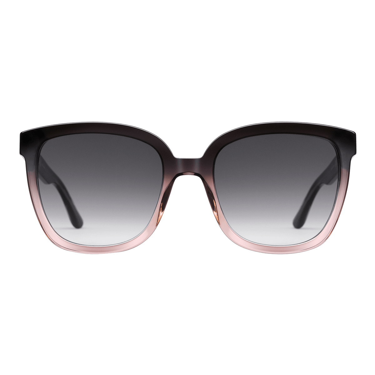 Oversized square sunglasses with a dark blue to coral gradient bio-acetate frame and black gradient UV400 lenses, offering a modern and elegant look suitable for women.