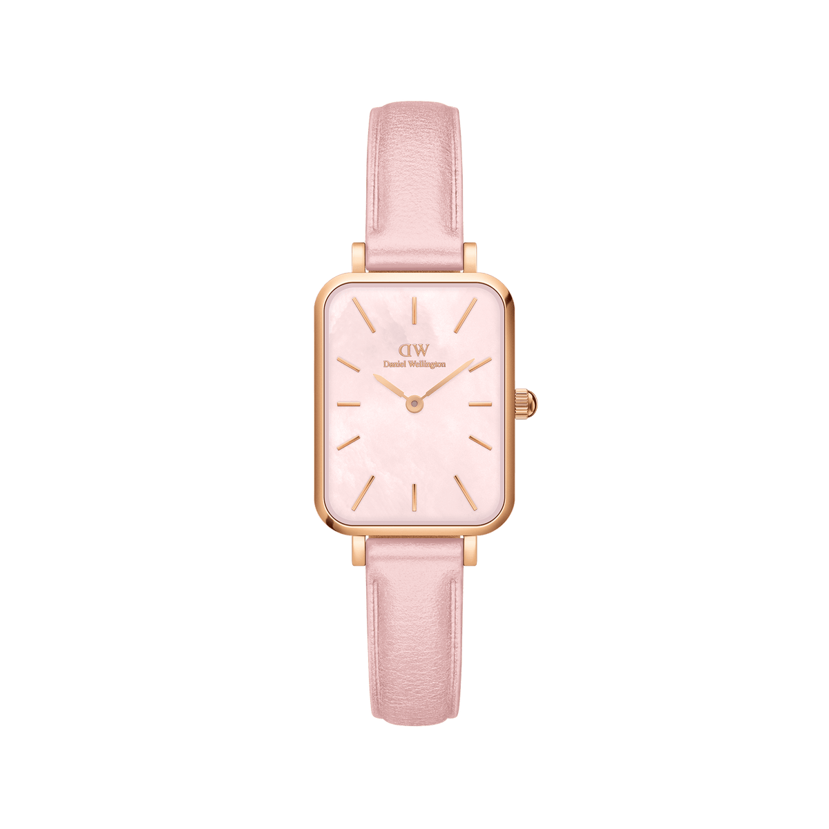Quadro Cherry Blossom ladies watch featuring a rectangular rose gold case, pastel pink leather strap, and a genuine mother of pearl dial with minimalist gold markers.