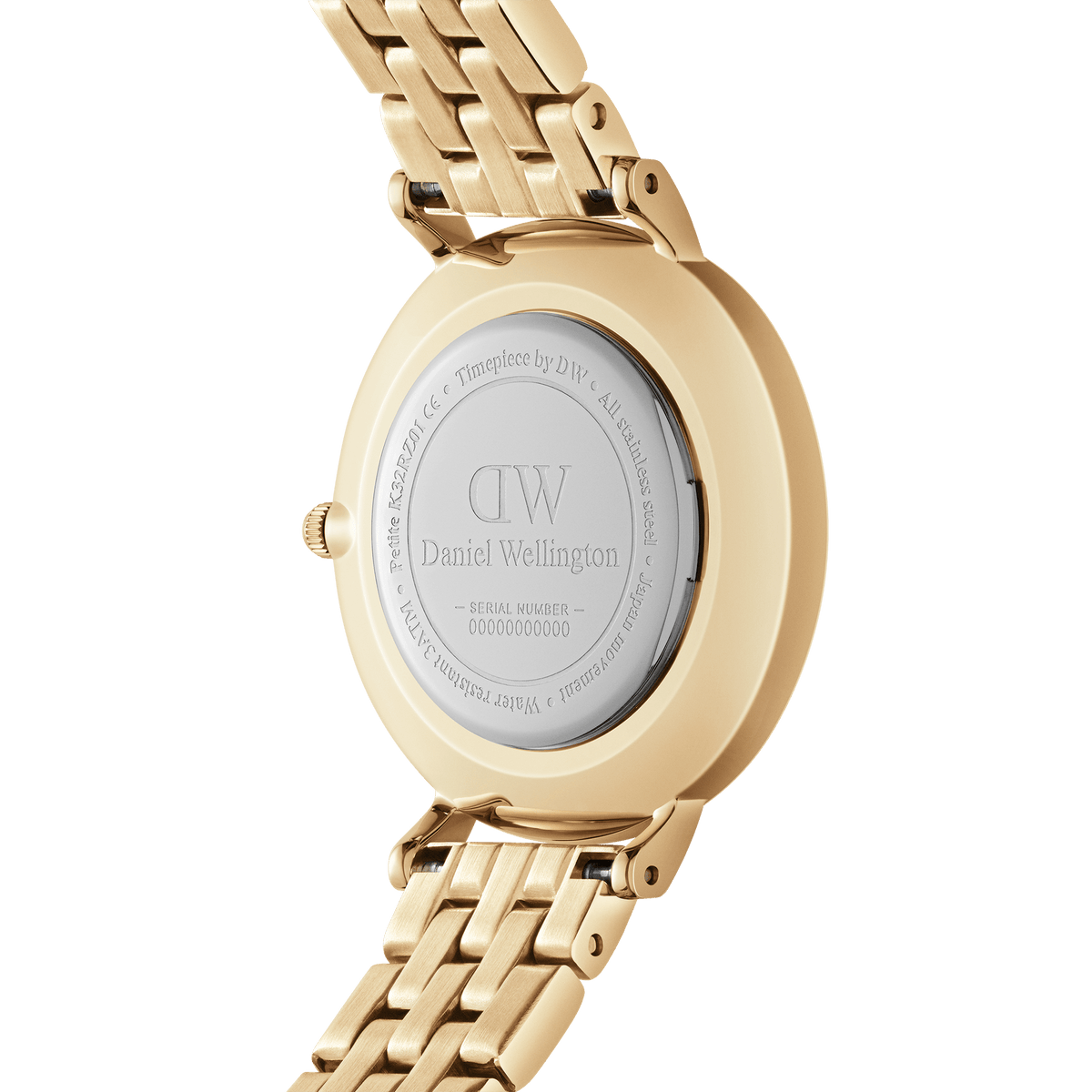 Back view of the Petite Roman Numerals 5-Link Gold watch, highlighting the engraved stainless steel case and the elegant gold 5-link bracelet.