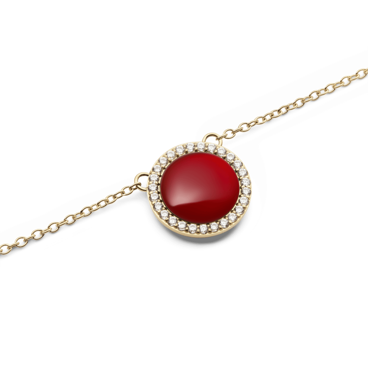 Close-up of the Audrey Necklace Red Agathe Gold pendant, showcasing a domed red agate stone set in polished gold and framed by a halo of sparkling white cubic zirconia crystals on a fine gold chain.