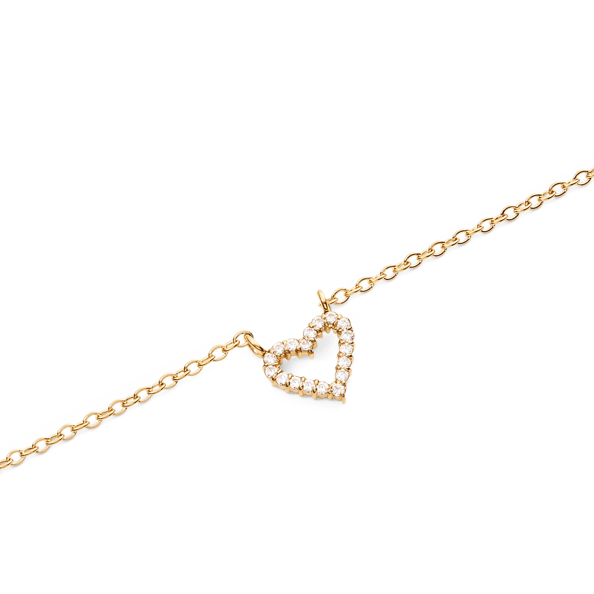 Close-up of the Mirelle Heart Necklace Gold showing a fine gold chain and an open heart pendant adorned with sparkling white cubic zirconia crystals.
