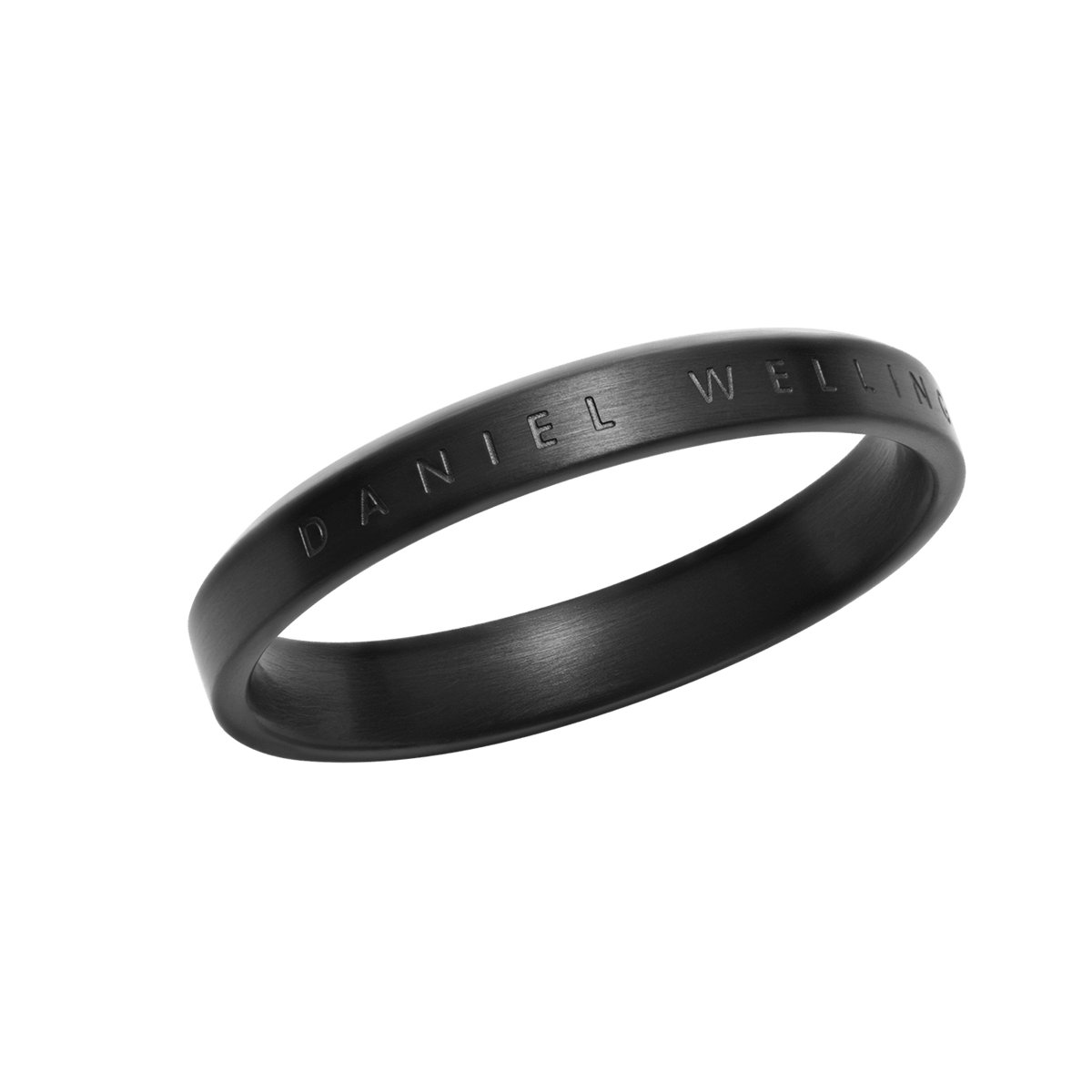 Minimalist Classic Ring Black with a smooth stainless steel band and subtle Daniel Wellington engraved branding, featuring a deep black finish and timeless silhouette.