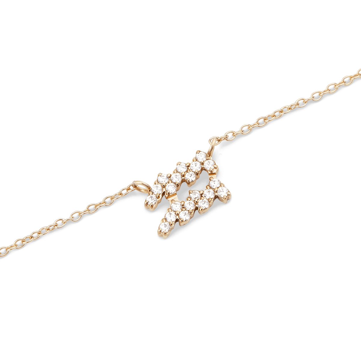 Close-up of the Crystal Zodiac Chain Necklace Gold featuring an Aquarius pendant set with sparkling crystals on a fine gold chain, highlighting its elegant and personal design.