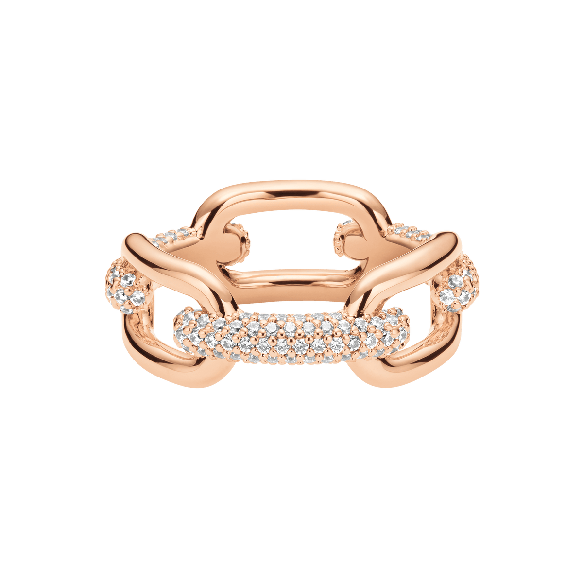 Rose gold Crystal Link Ring featuring a chunky chain design with sparkling cubic zirconia accents, crafted from rose gold plated brass and finished with an open link structure for a modern, elegant look.