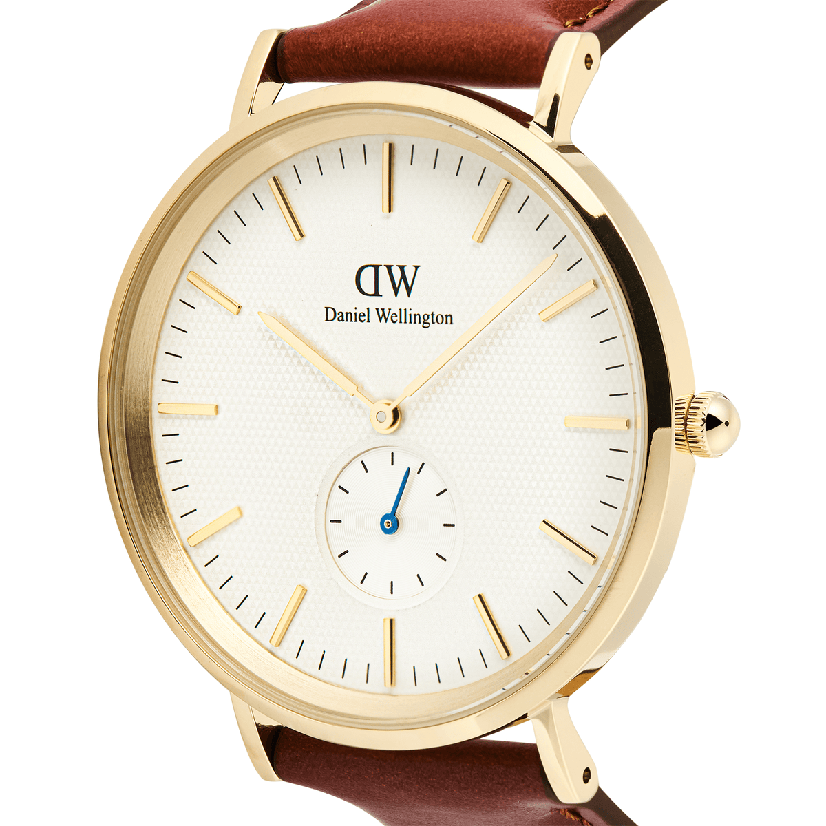 Close-up of the Classic Multi-Eye St Mawes Off-white Sunray Gold men’s watch, showing the gold-plated round case, textured off-white sunray dial with slim gold markers, blue sub-second hand, and brown leather strap.