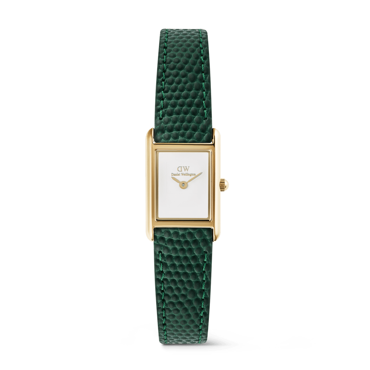 A ladies gold watch with a slim rectangular case, crisp white dial, and a green lizard-embossed leather strap, combining elegant design with a distinctive textured finish.