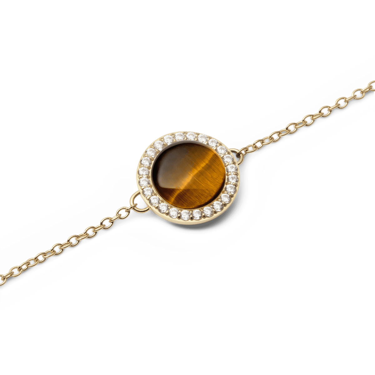 Close-up of the Audrey Bracelet Tiger Eye Gold, highlighting the round tiger eye stone at the centre, surrounded by a halo of sparkling white cubic zirconia and set on a fine gold chain.
