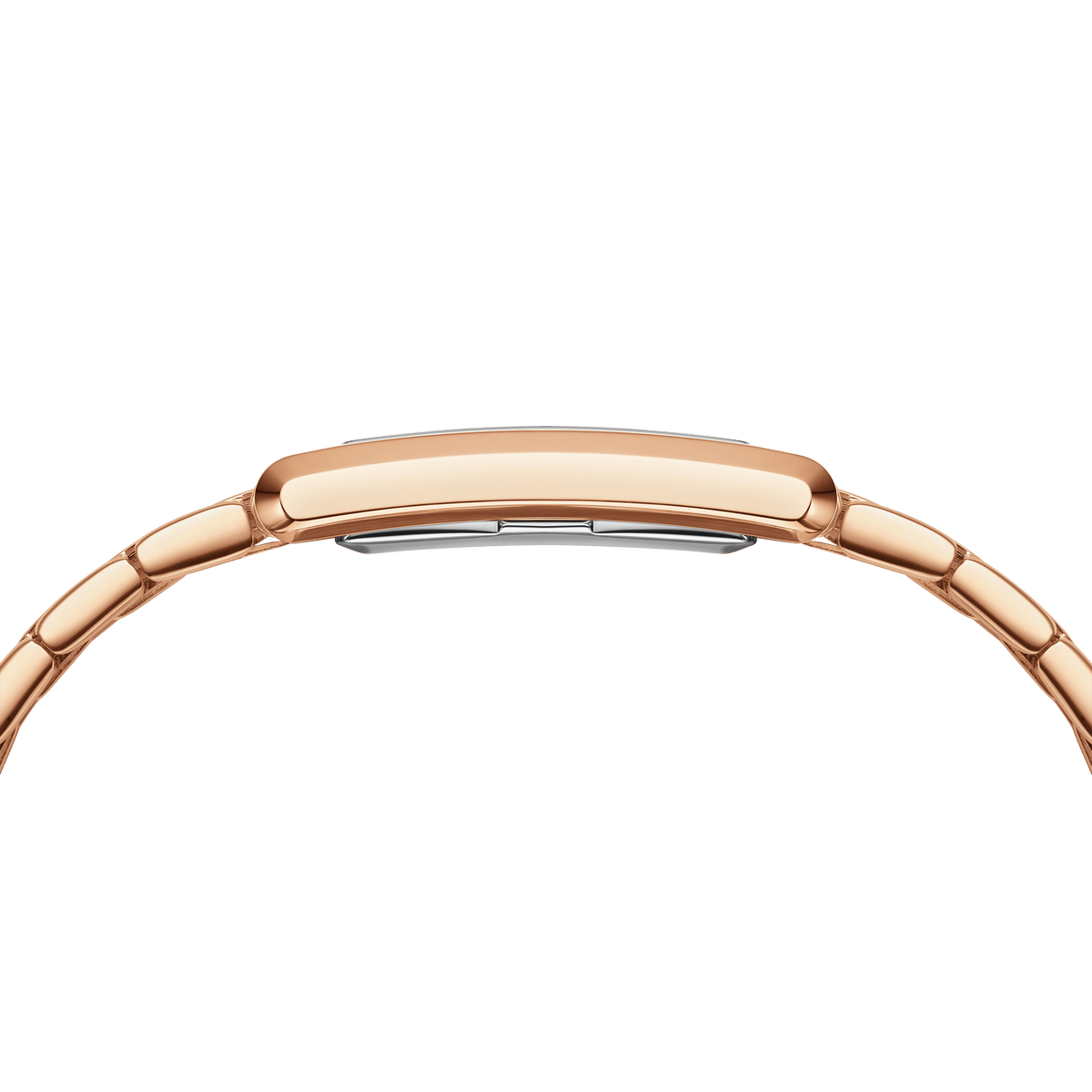 Side profile of the Bound 9-Link Emerald Sunray ladies watch, highlighting the slim rectangular rose gold case and seamless bracelet design.