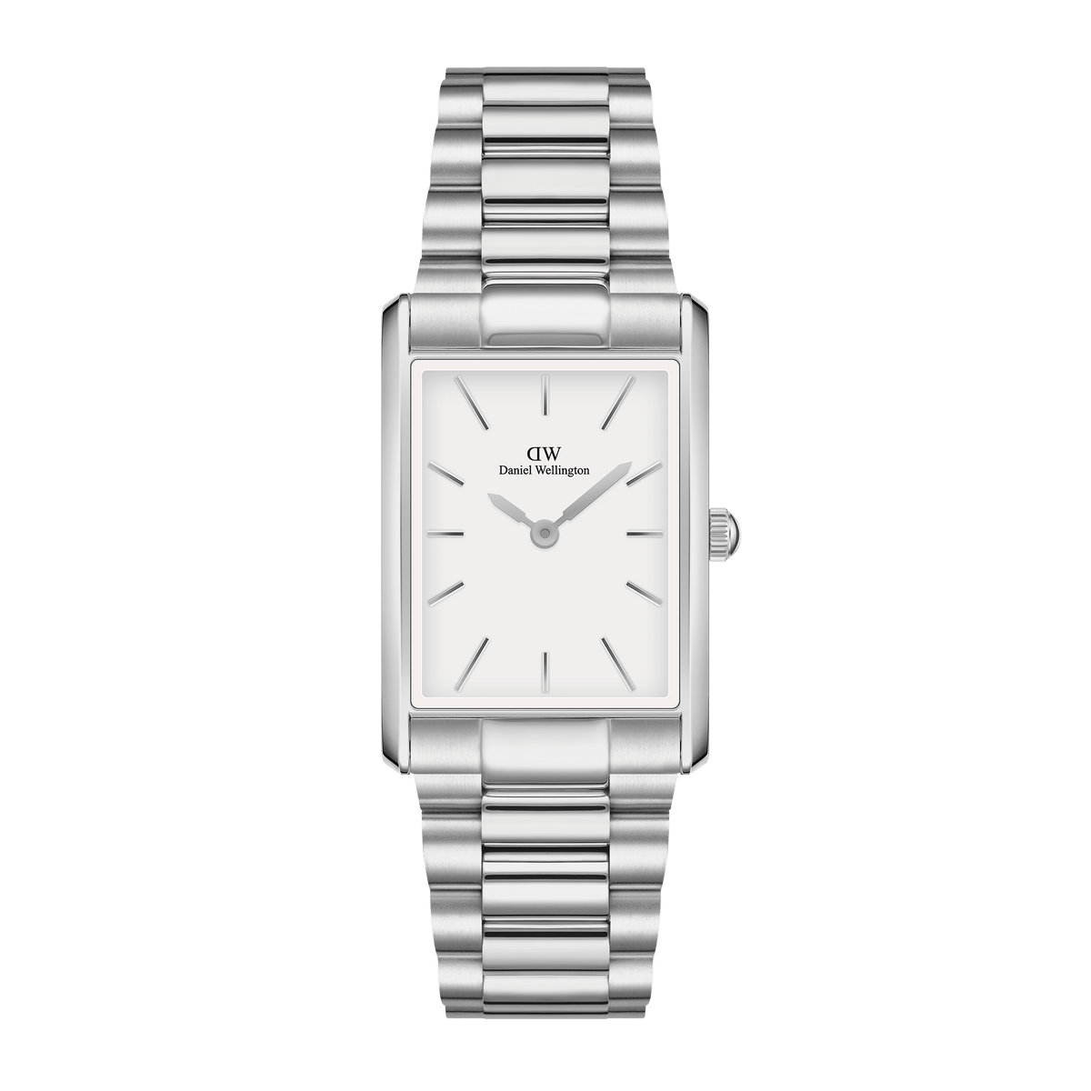 Bound 3-Link Silver features a rectangular stainless steel case, a minimalist white dial, and a polished three-link silver bracelet, offering a versatile and modern look suitable for both men and women.