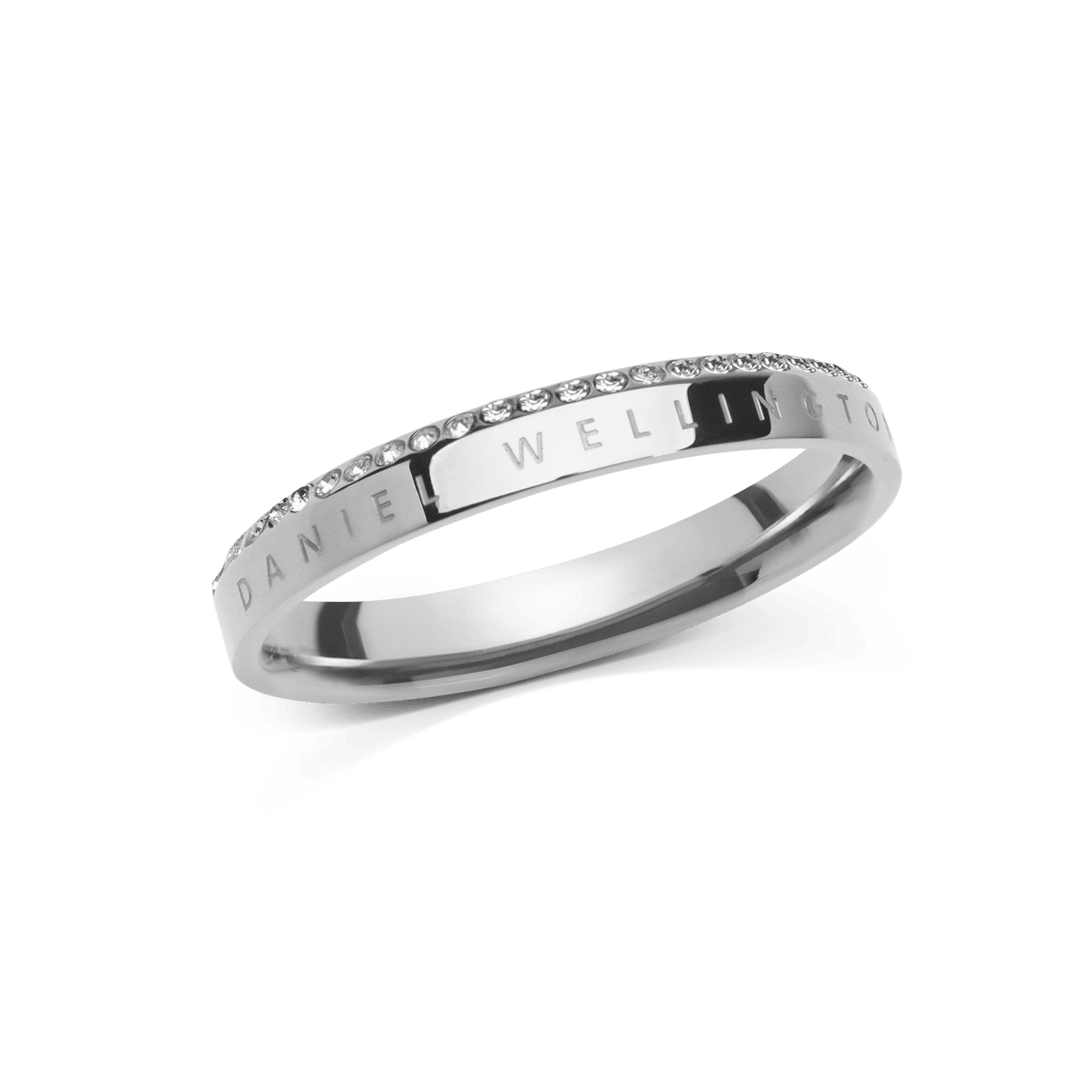 Classic Aura Ring Silver featuring a slim polished silver band with engraved detail and a row of white crystals along the chamfered edge, crafted from stainless steel for a refined, minimalist look.