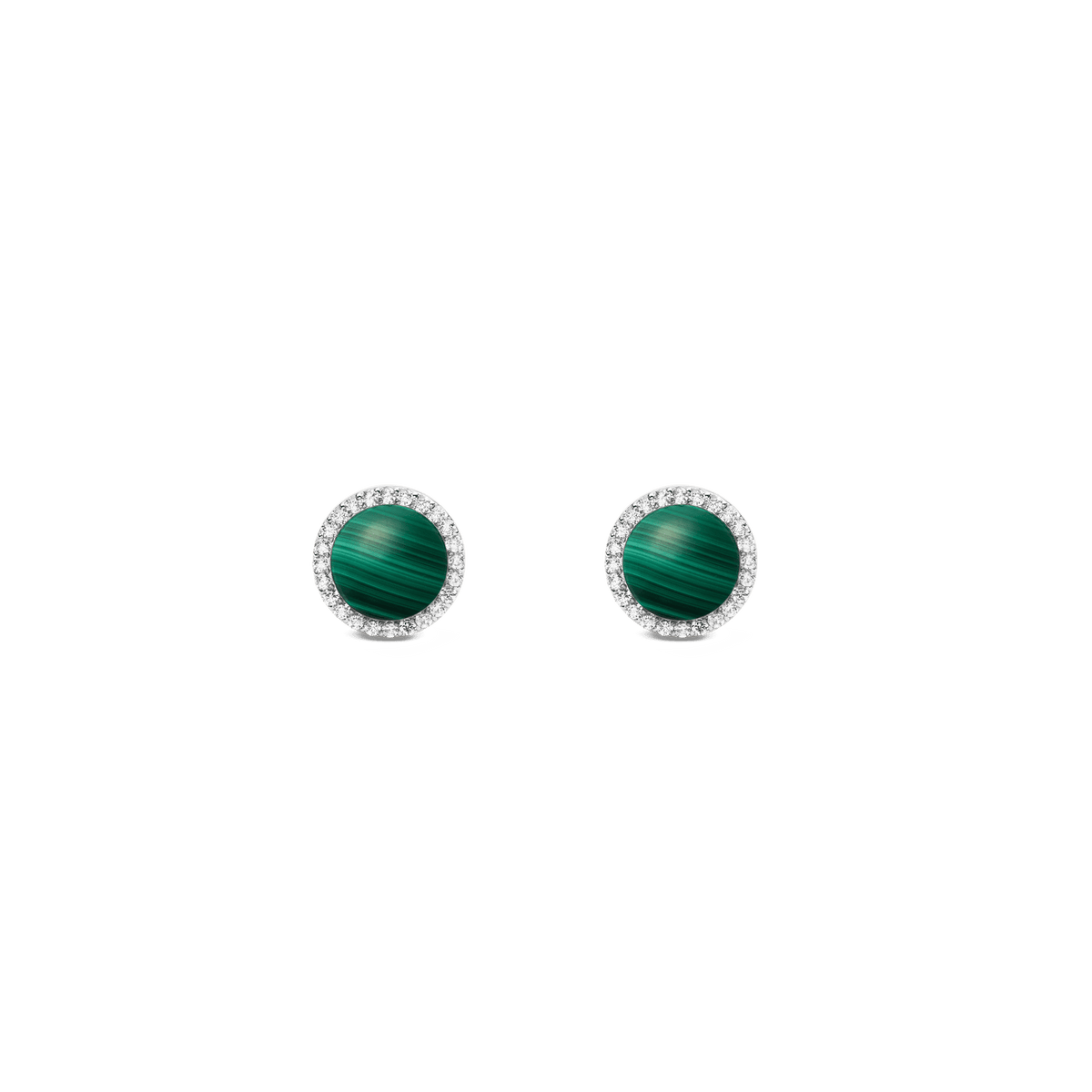 Pair of Audrey Earrings Malachite Silver featuring round green malachite centres framed by a halo of white cubic zirconia, set in polished silver with a minimalist stud design.